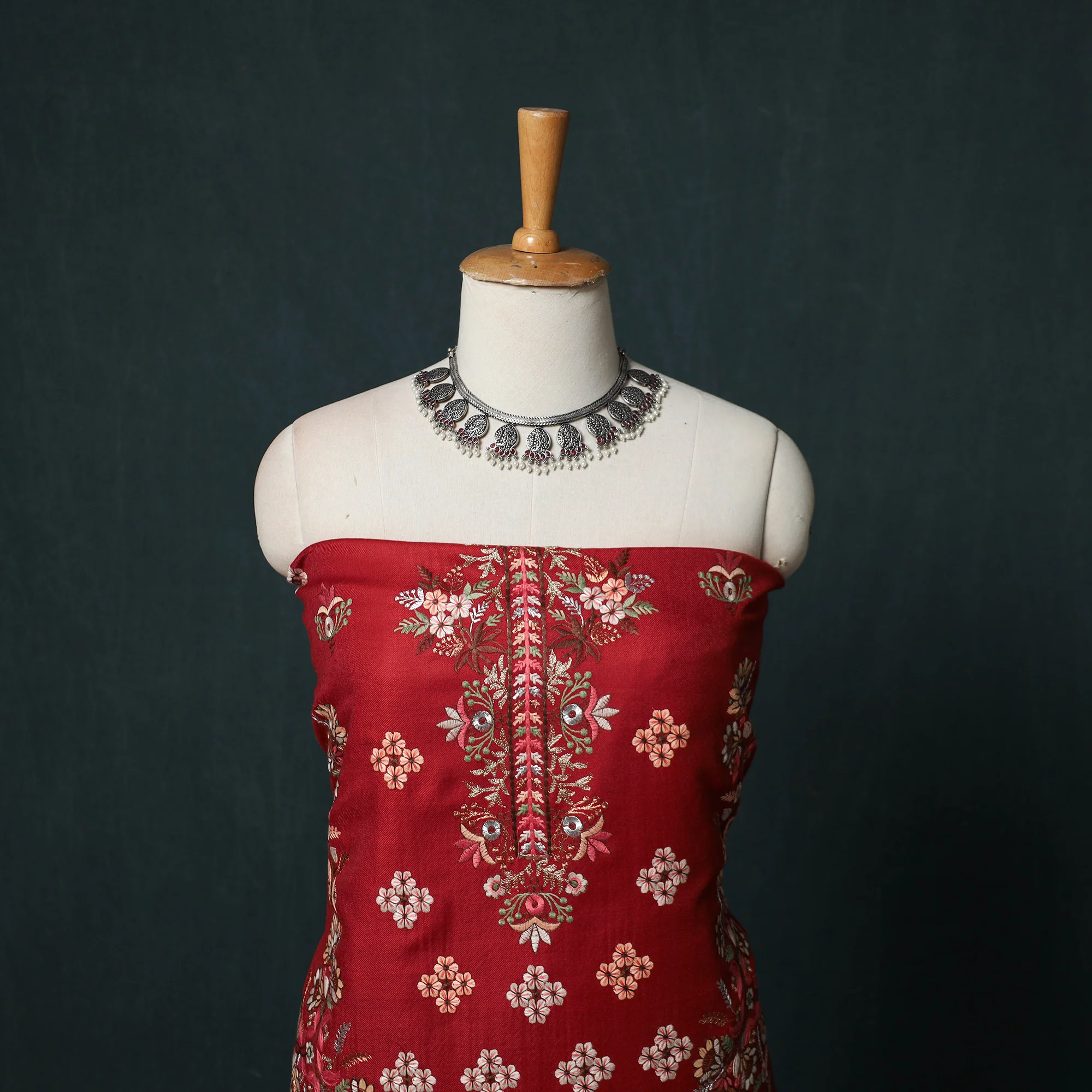 Red - 3pc Heavy Embroidered Wool Unstitched Dress Material Suit Set 55 - Image 2