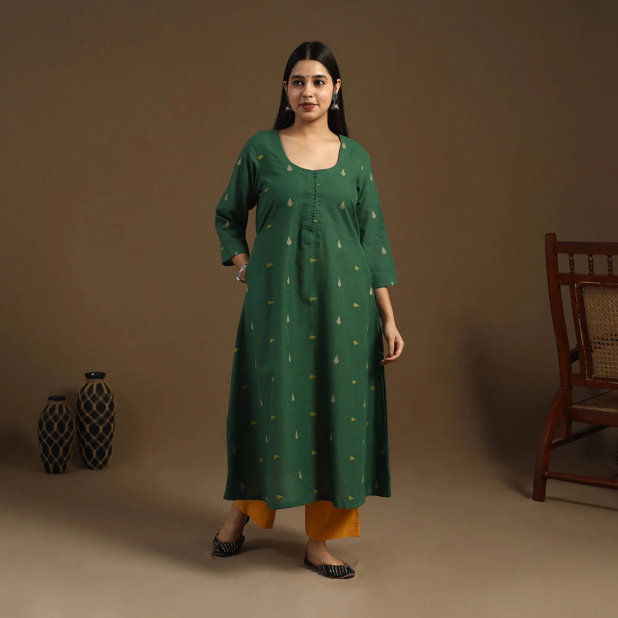 Green - A-Line Cotton Jacquard Kurta 05 - Image 2
