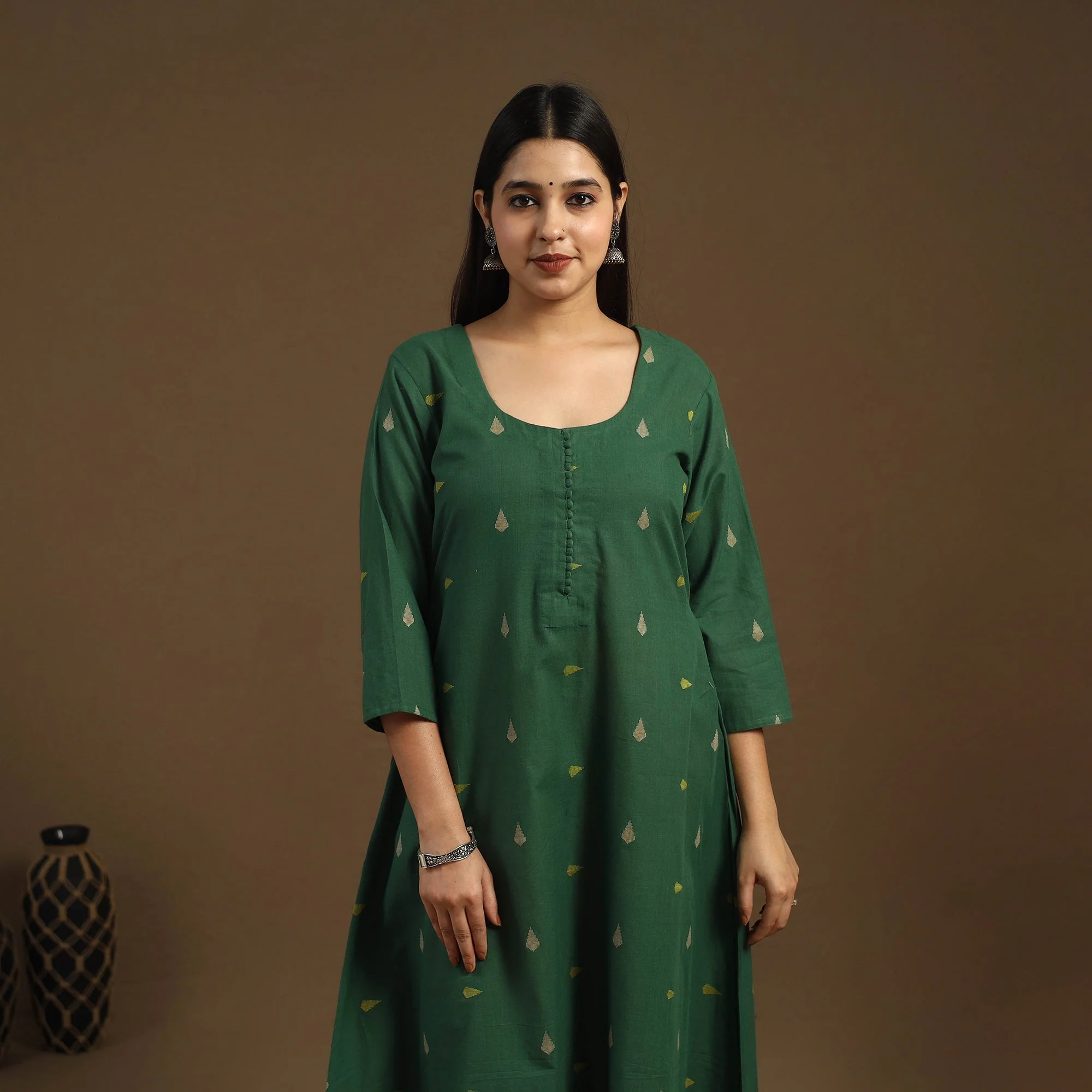 Green - A-Line Cotton Jacquard Kurta 05 - Image 3
