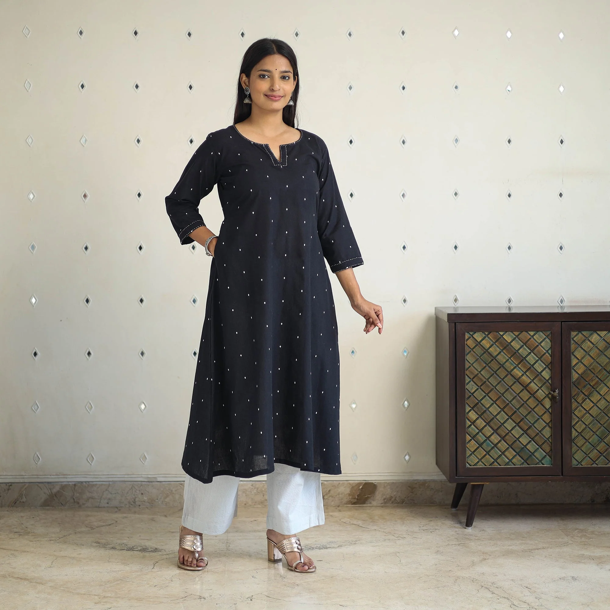 Black - A-Line Cotton Jacquard Kurta 16