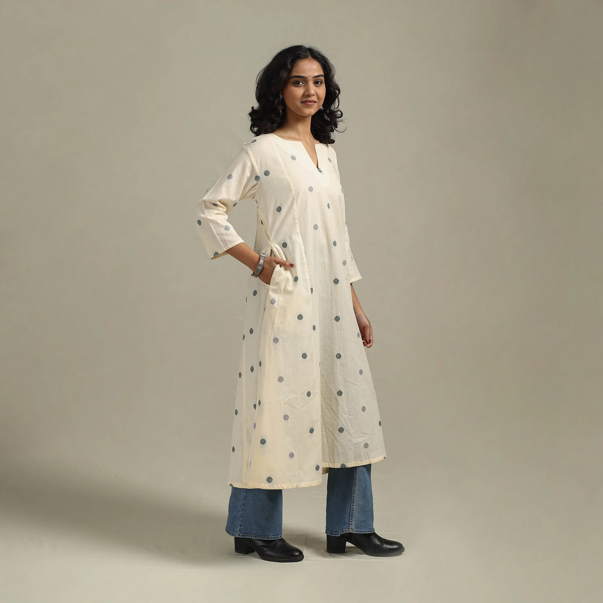 Beige - A-Line Cotton Jacquard Kurta 17