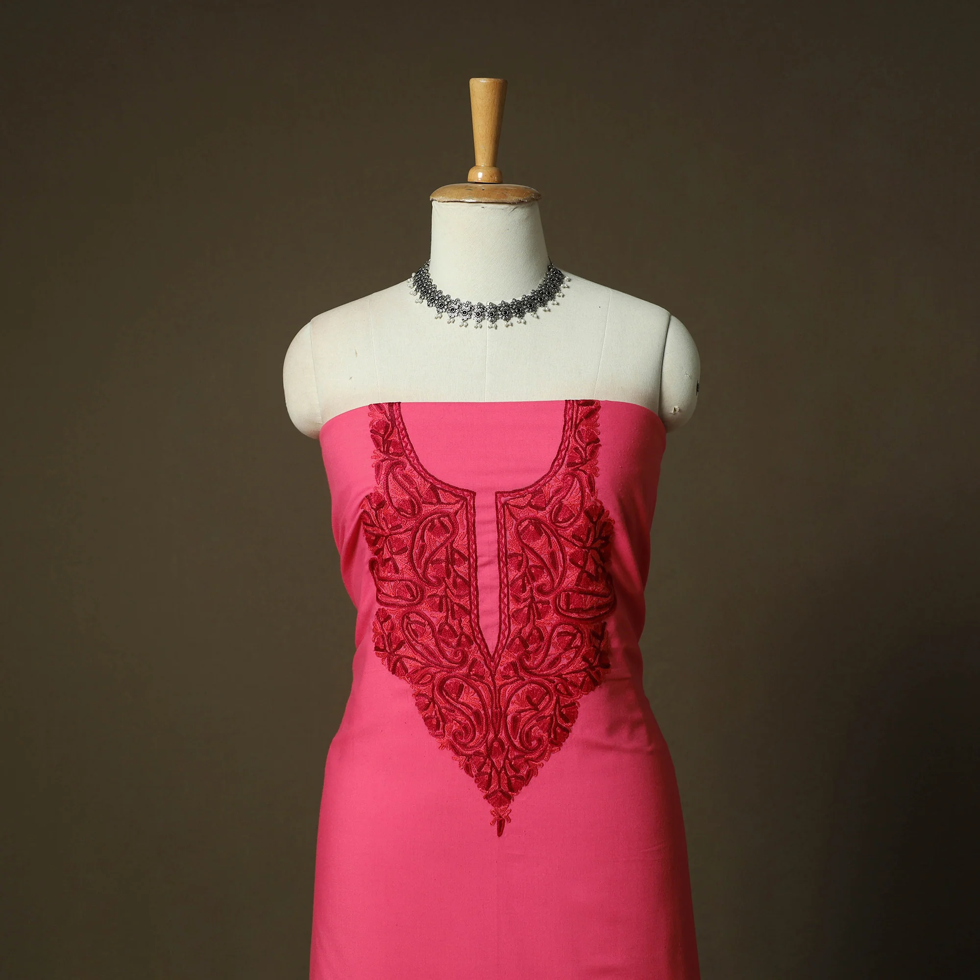 Pink - Aari Hand Embroidery Cotton 2pc Unstitched Dress Material Kurta Set 03 - Image 2