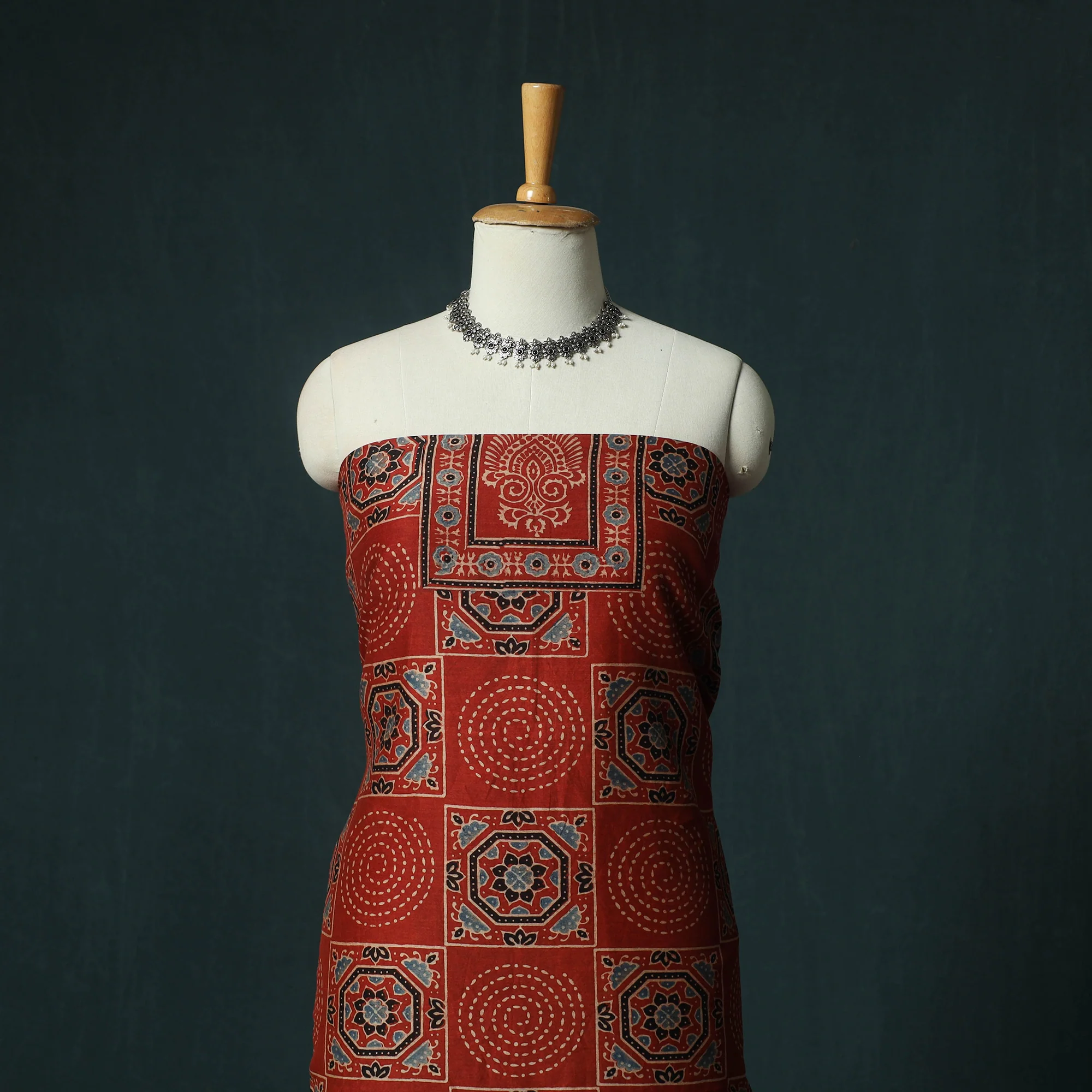 Red - Ajrakh Hand Block Print Chanderi Silk Natural Dyed 2pc Unstitched Dress Material Kurta Set 01 - Image 2