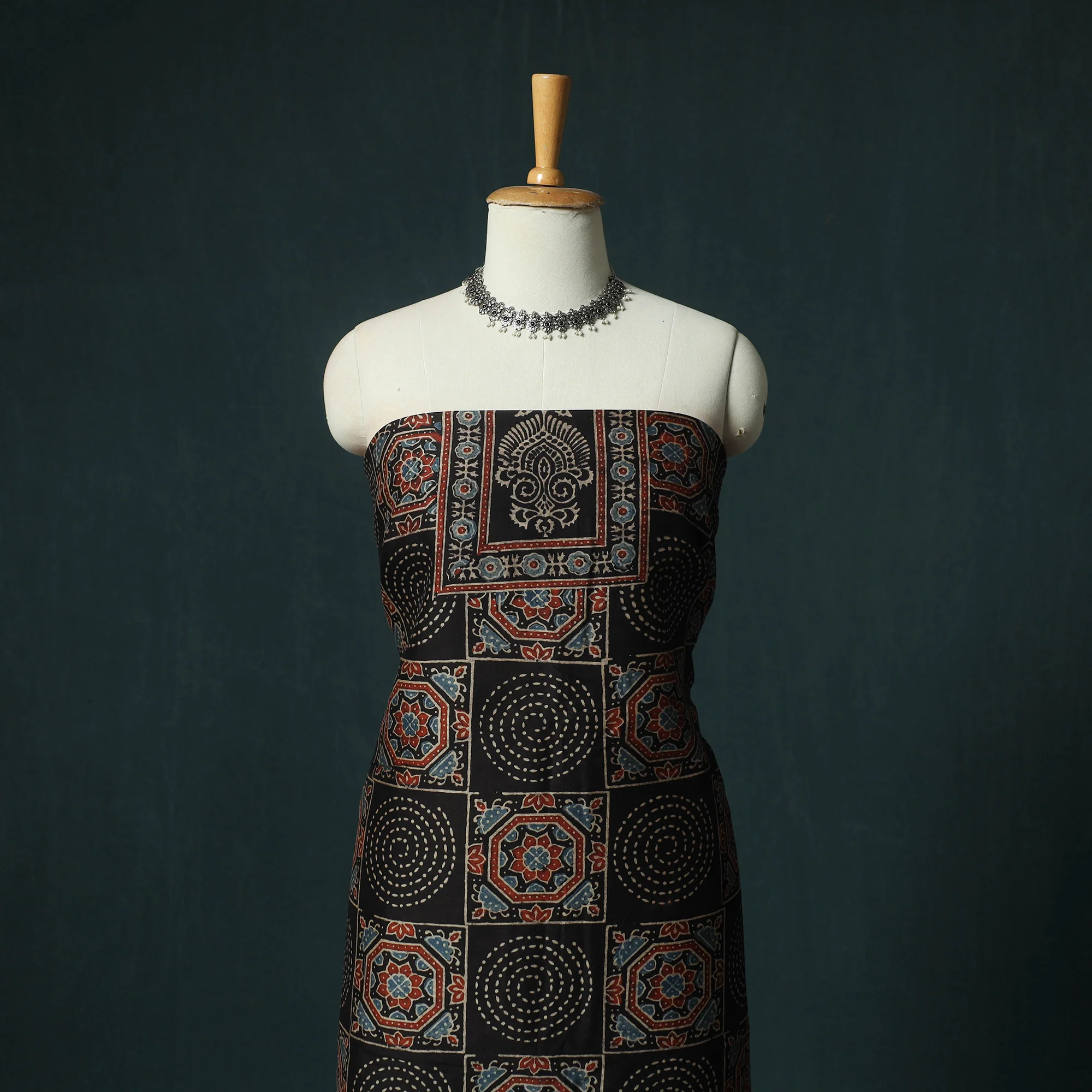 Black - Ajrakh Hand Block Print Chanderi Silk Natural Dyed 2pc Unstitched Dress Material Kurta Set 02 - Image 2