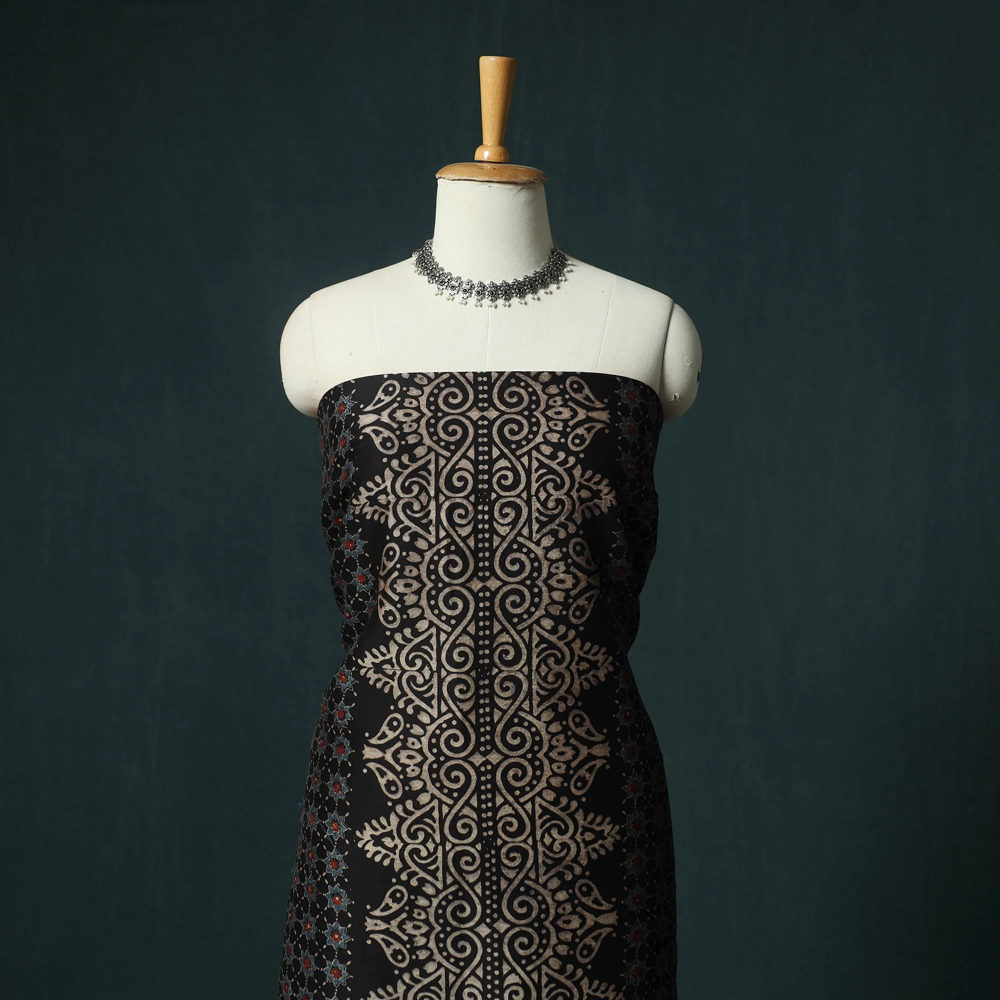 Black - Ajrakh Hand Block Print Chanderi Silk Natural Dyed 2pc Unstitched Dress Material Kurta Set 06 - Image 2