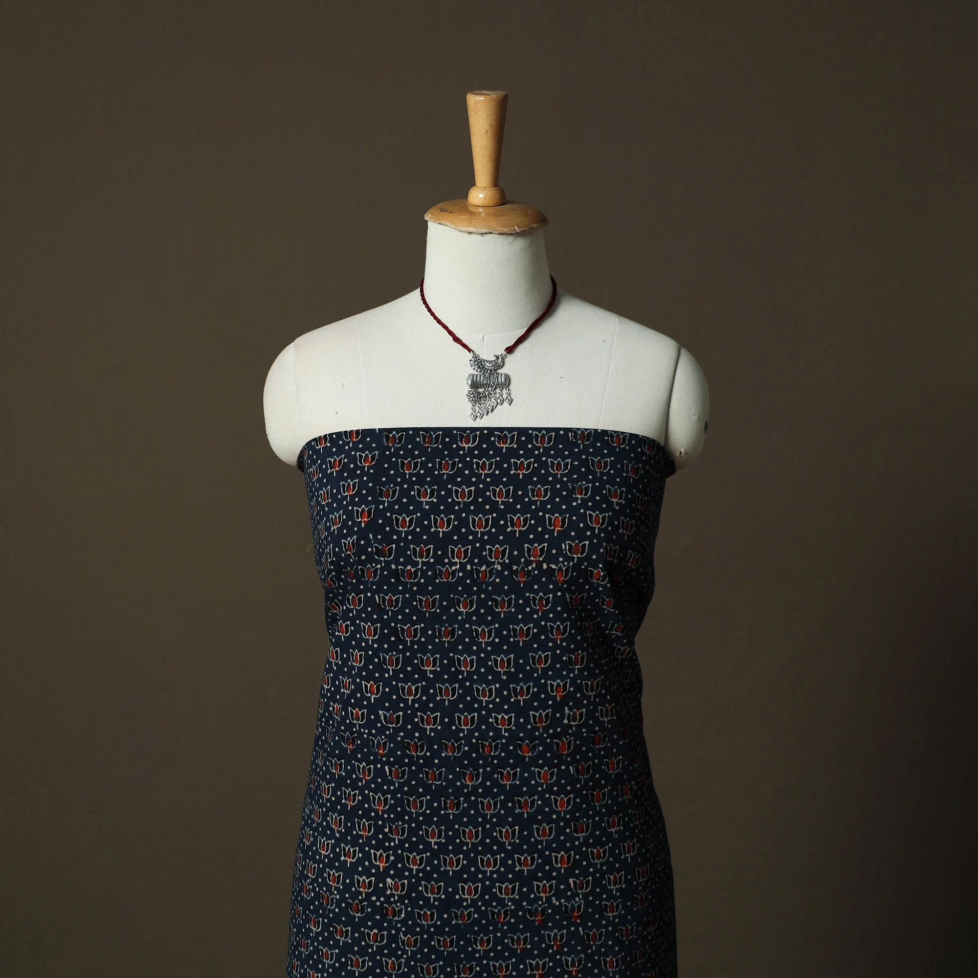 Ajrakh Hand Block Print Cotton 2pc Unstitched Dress Material Kurta Set with Jewellery 13 - Image 2