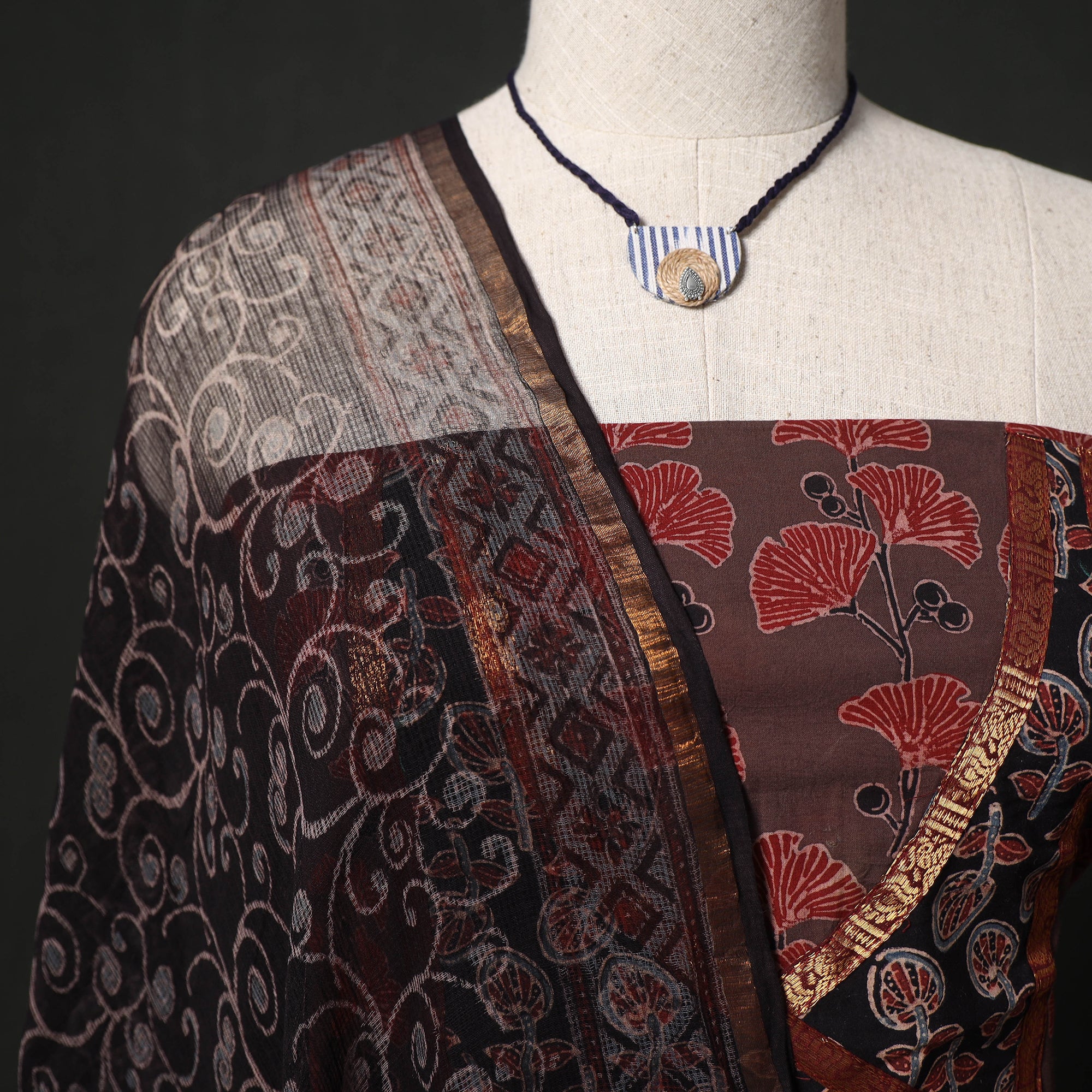 Ajrakh Hand Block Print Cotton Natural Dyed Patchwork 2pc Unstitched Dress Material Kurta Set with Jewellery 12 - Image 3