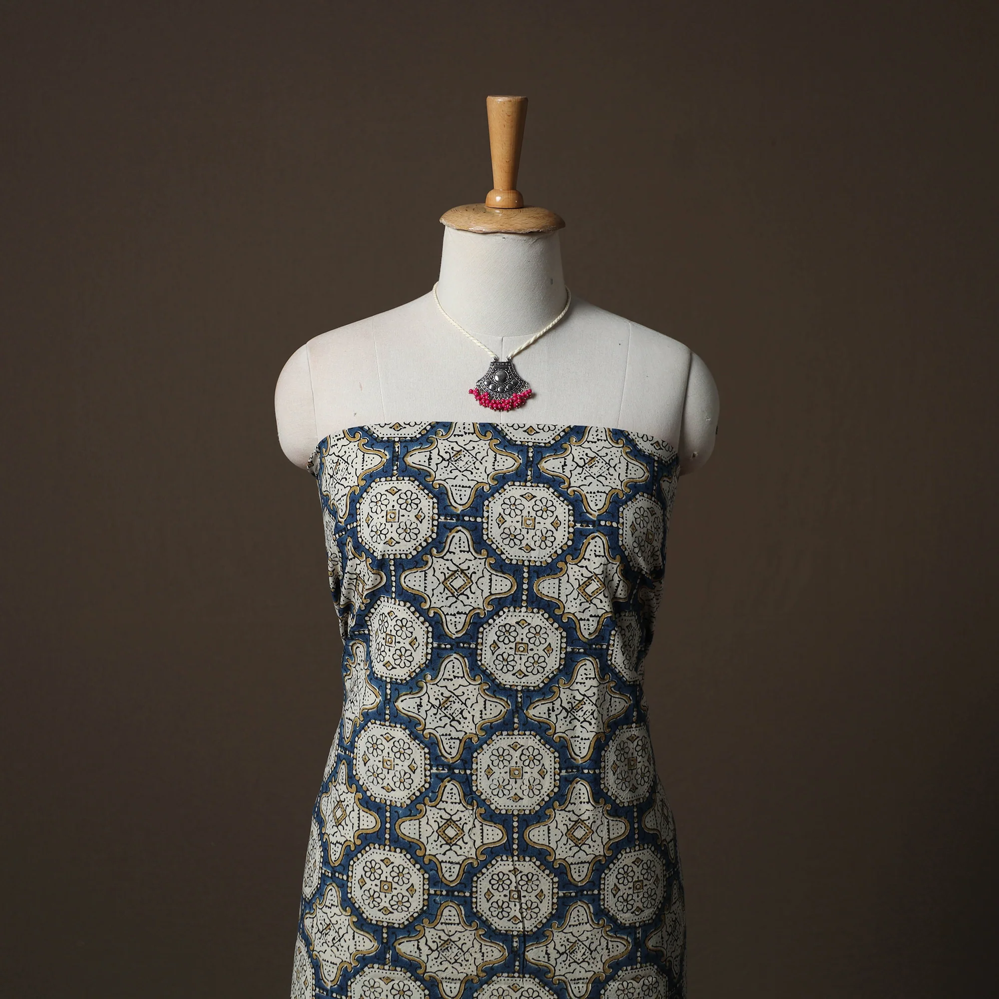 Ajrakh Hand Block Print Natural Dyed 2pc Cotton Unstitched Dress Material Kurta Set with Jewellery 04 - Image 2
