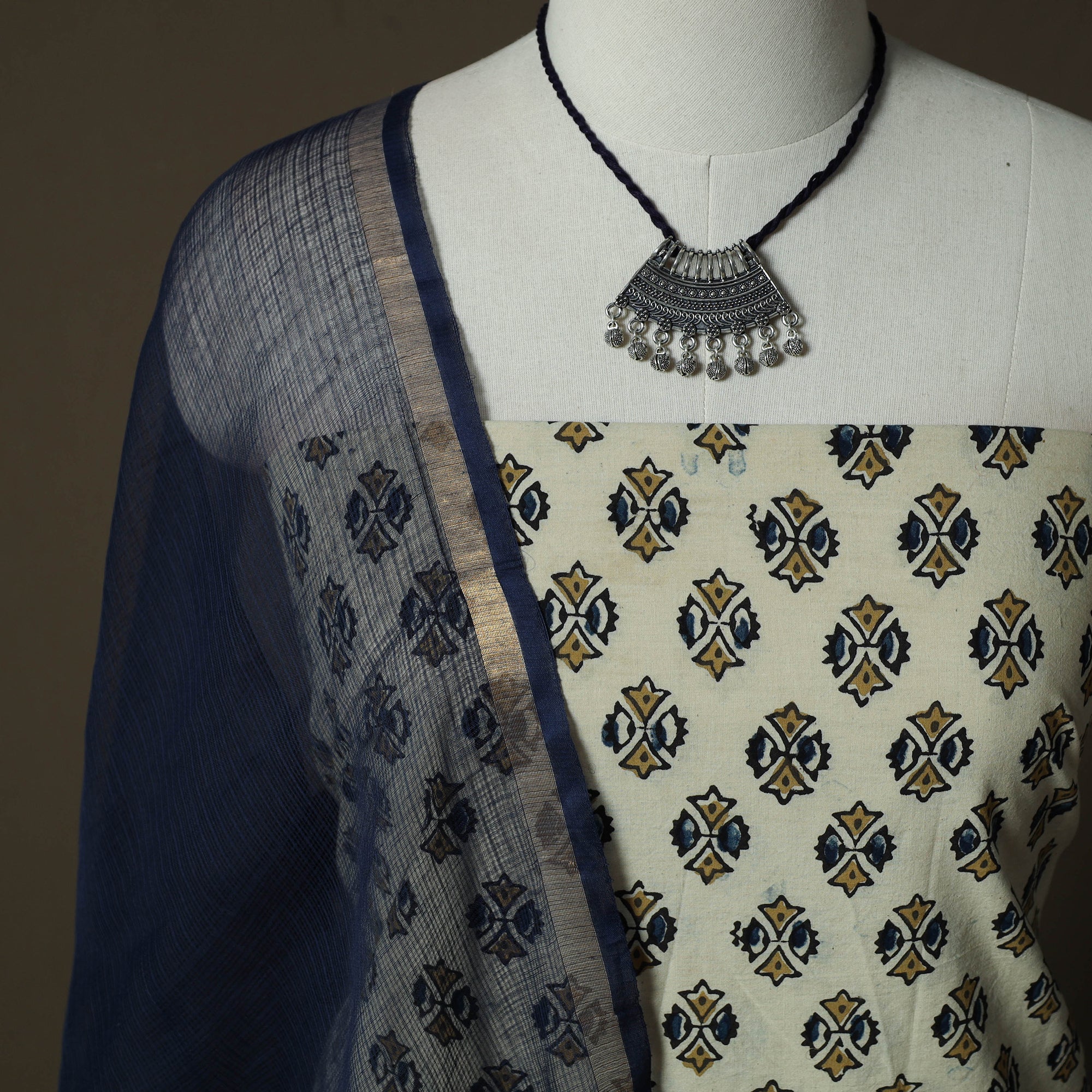 Beige - Ajrakh Hand Block Print Natural Dyed 2pc Cotton Unstitched Dress Material Kurta Set with Jewellery 14 - Image 3