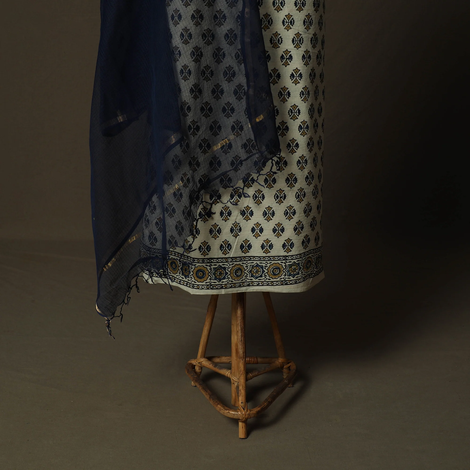 Beige - Ajrakh Hand Block Print Natural Dyed 2pc Cotton Unstitched Dress Material Kurta Set with Jewellery 14 - Image 4