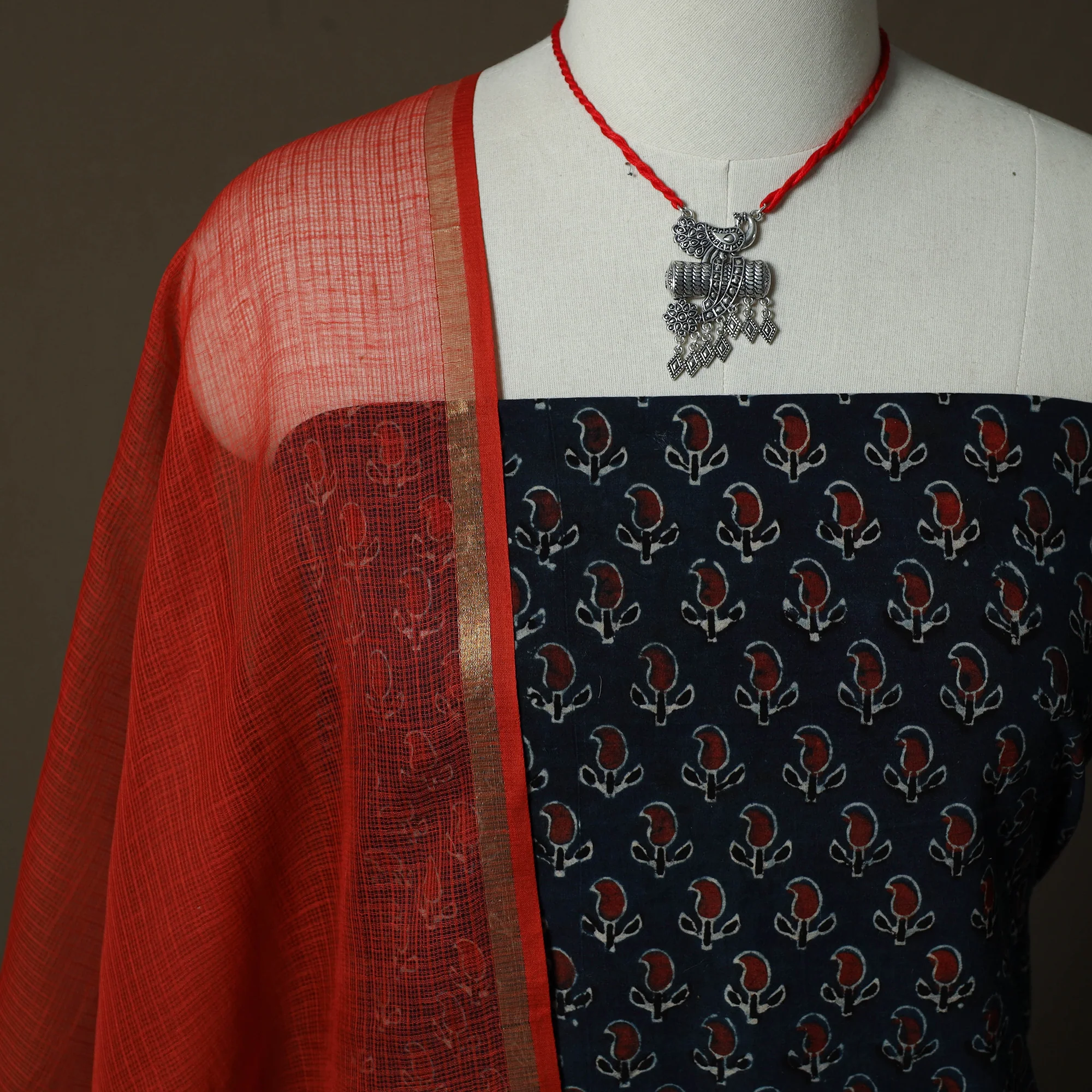 Black - Ajrakh Hand Block Print Natural Dyed 2pc Cotton Unstitched Dress Material Kurta Set with Jewellery 17 - Image 3