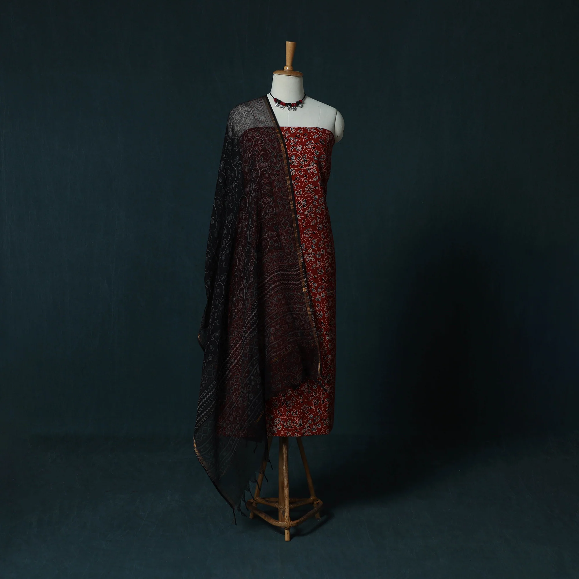Red - Ajrakh Hand Block Print Natural Dyed Cotton 2pc Unstitched Dress Material Kurta Set with Jewellery Set 21