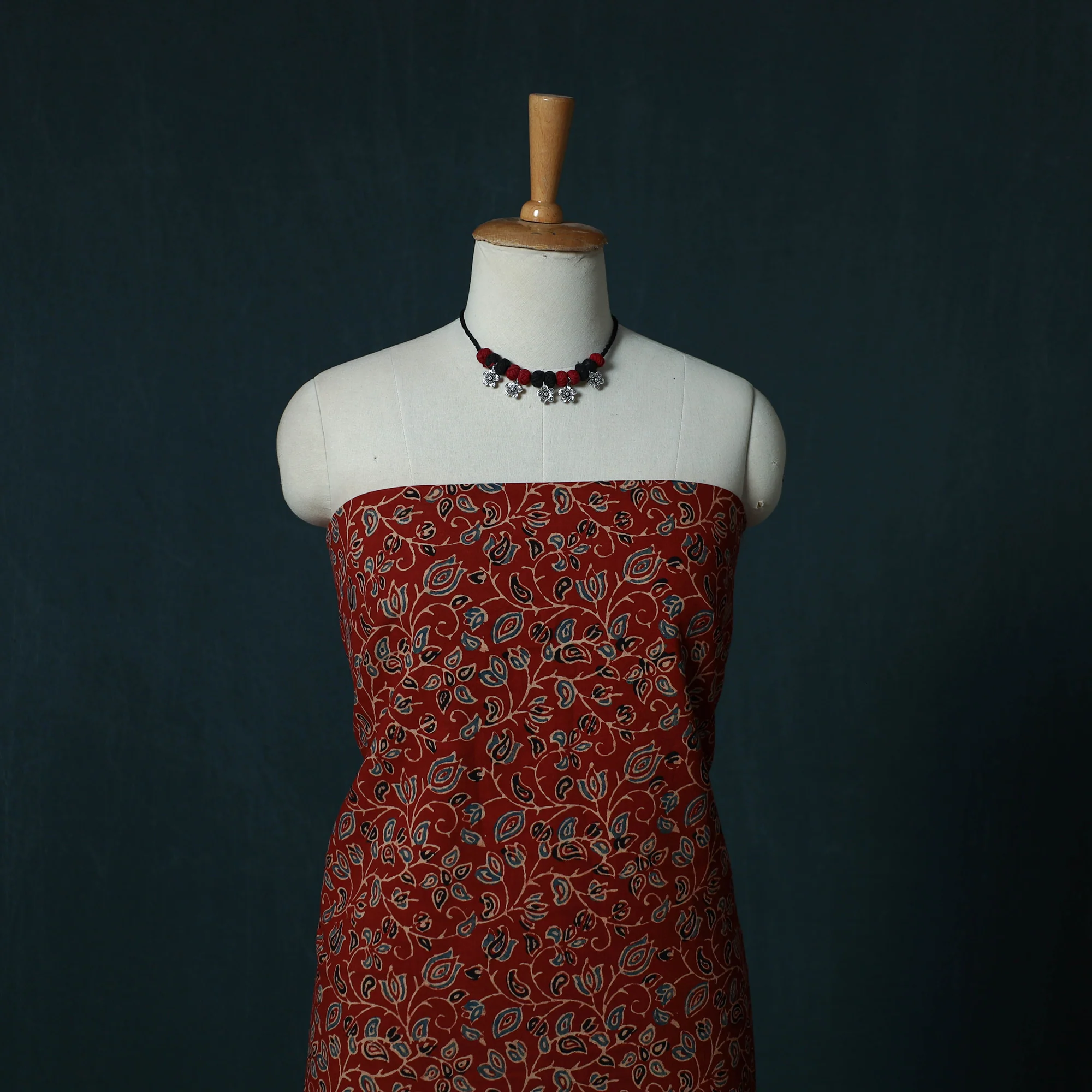 Red - Ajrakh Hand Block Print Natural Dyed Cotton 2pc Unstitched Dress Material Kurta Set with Jewellery Set 21 - Image 2