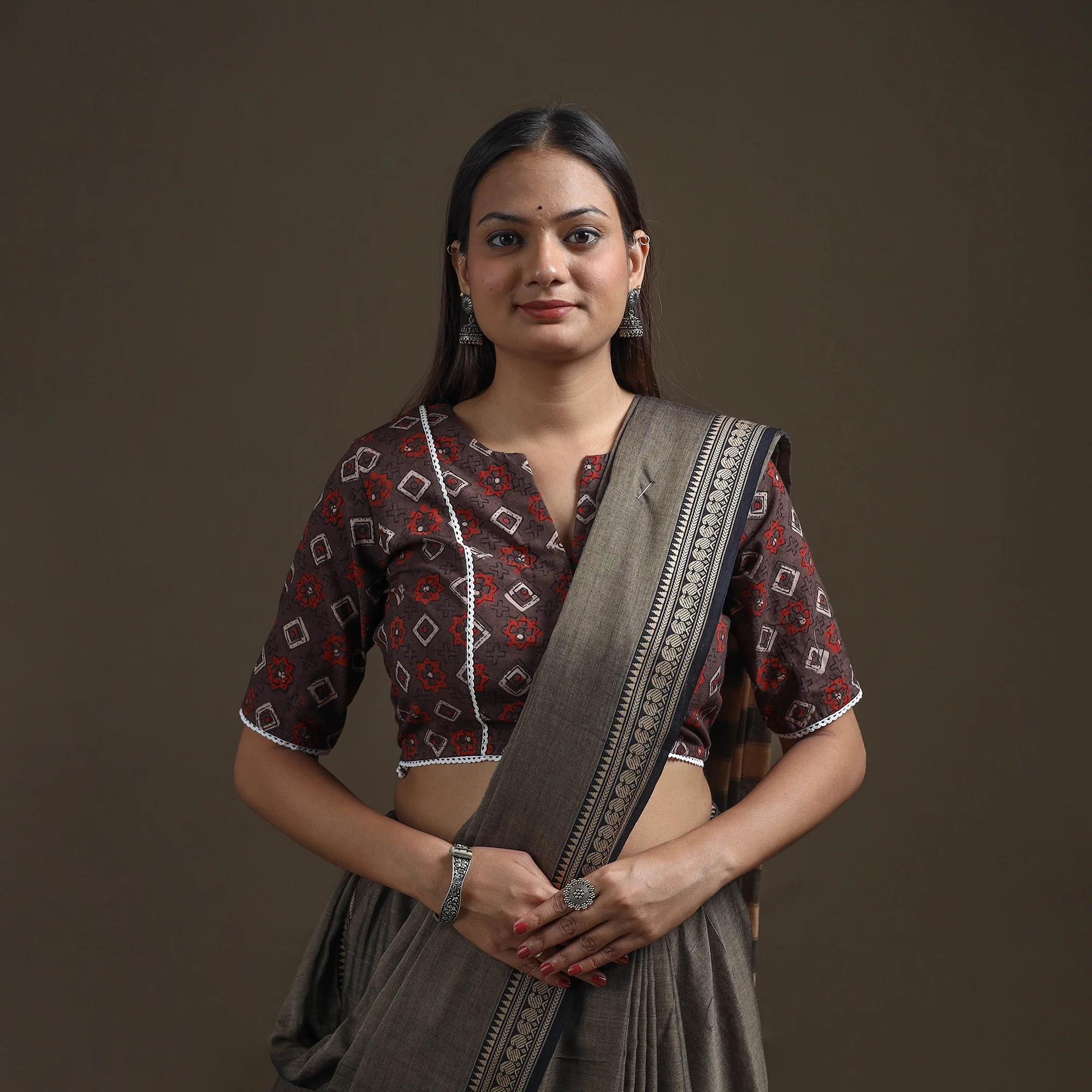 Ajrakh Hand Block Print Natural Dyed Cotton Readymade Blouse with Lace Work 02 - Image 2