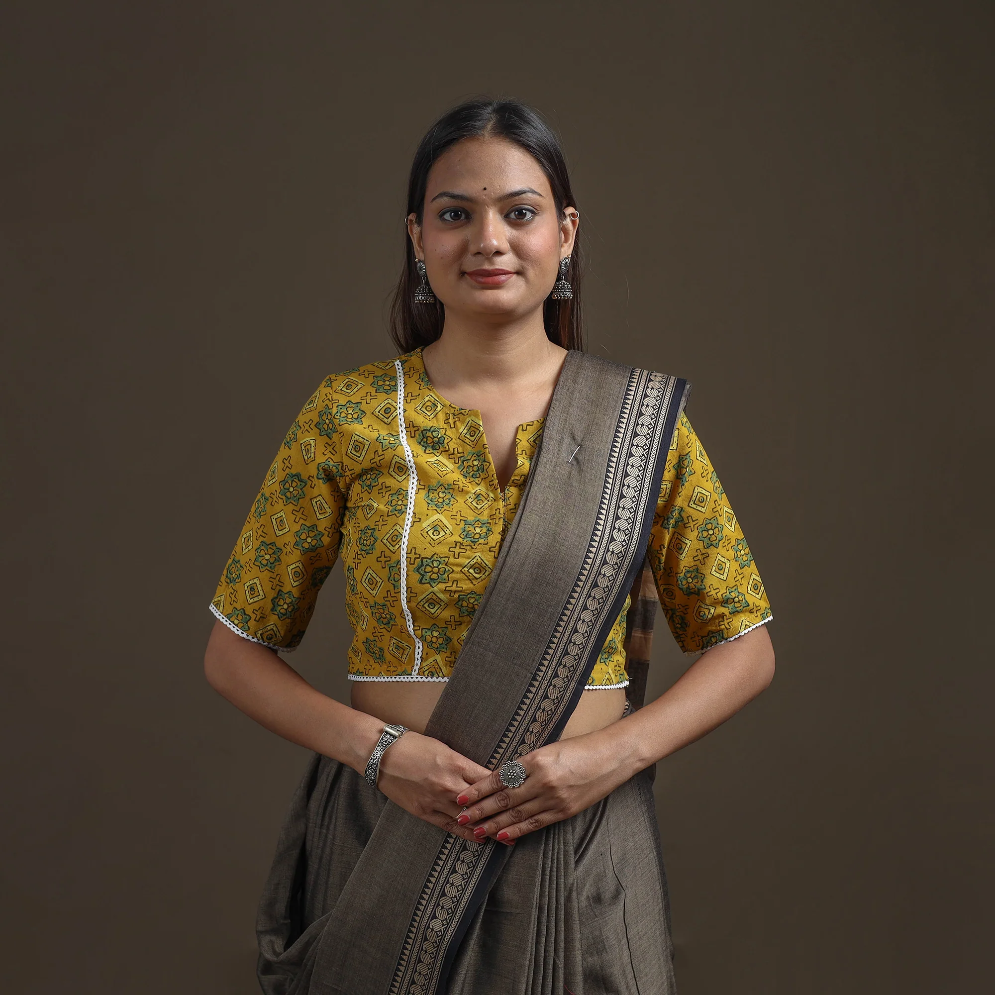 Ajrakh Hand Block Print Natural Dyed Cotton Readymade Blouse with Lace Work 03 - Image 2