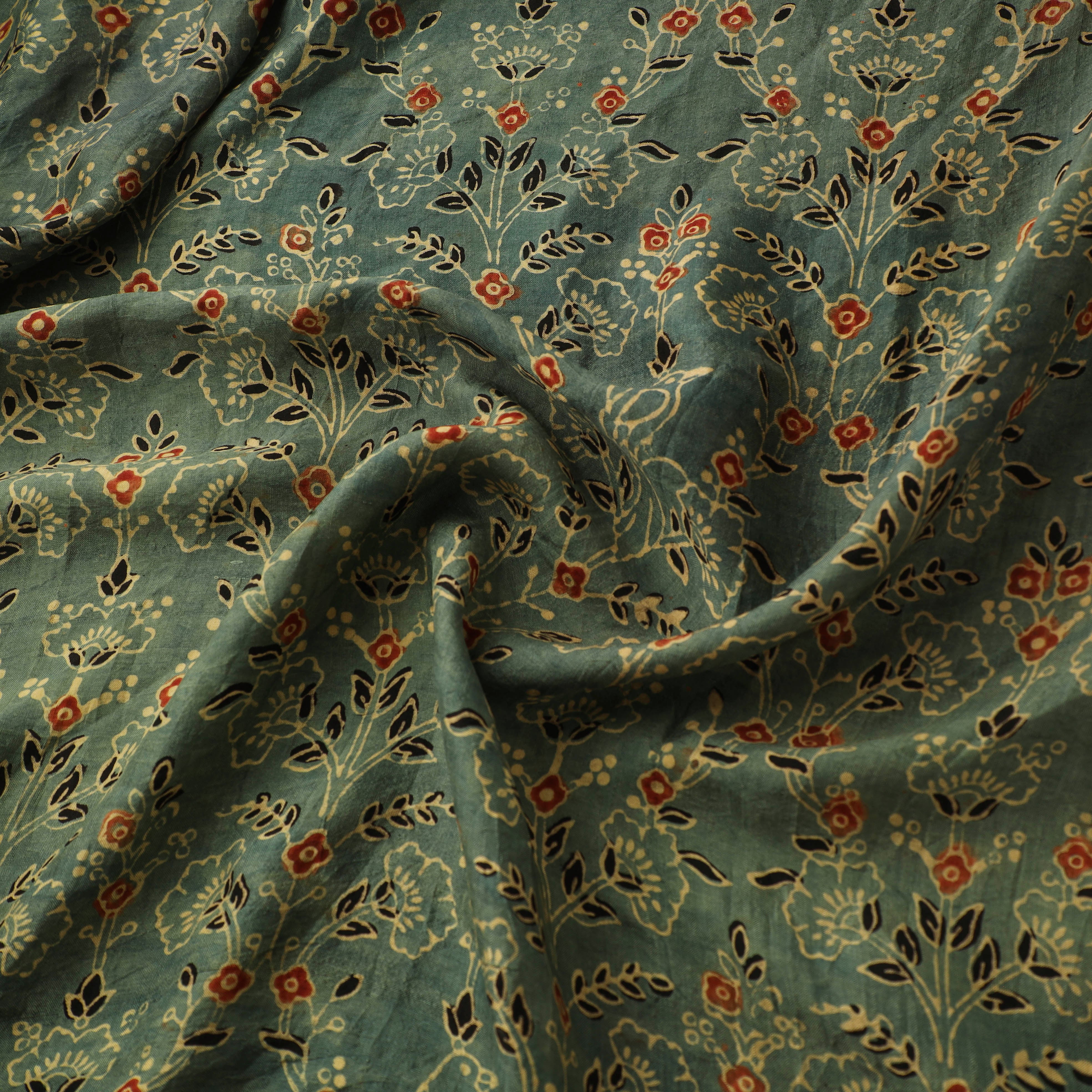 Green - Ajrakh Hand Block Print Natural Dyed Handspun Handwoven Mulberry Silk Fabric 07 - Image 3