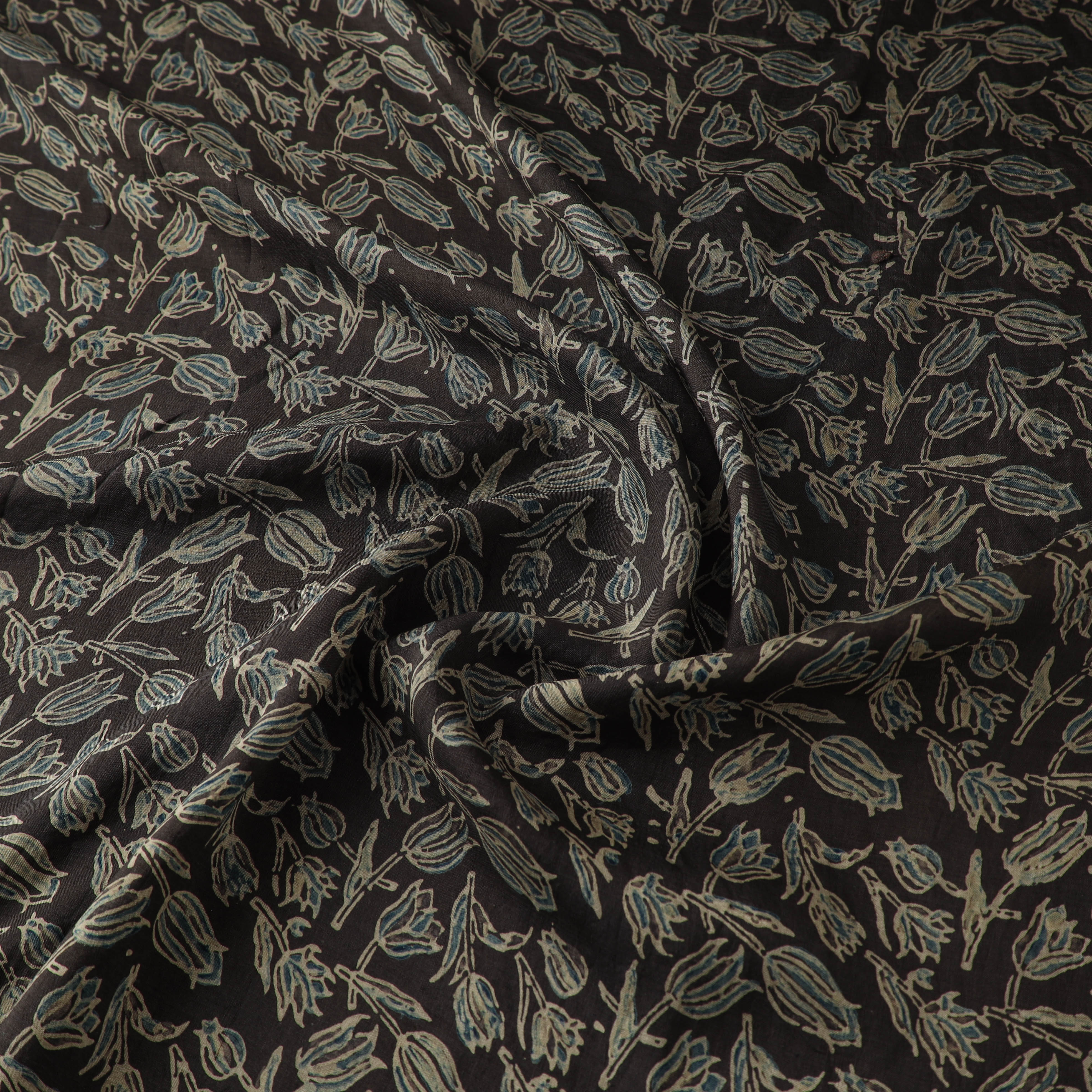 Black - Ajrakh Hand Block Print Natural Dyed Handspun Handwoven Mulberry Silk Fabric 08 - Image 3