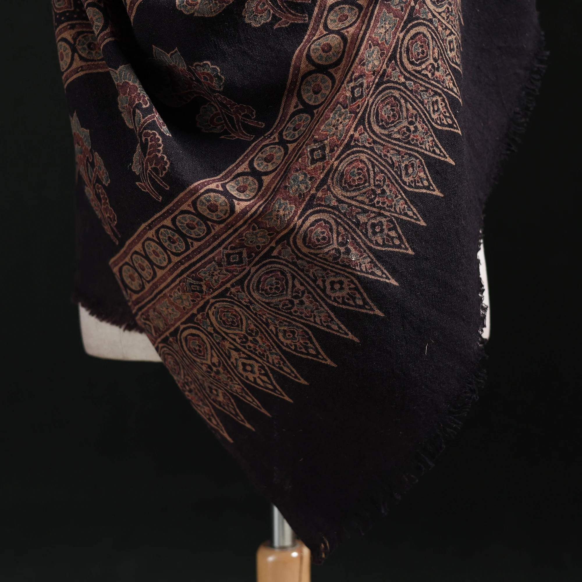 Black - Ajrakh Hand Block Print Natural Dyed Handwoven Acrylic Wool Shawl 05 - Image 4