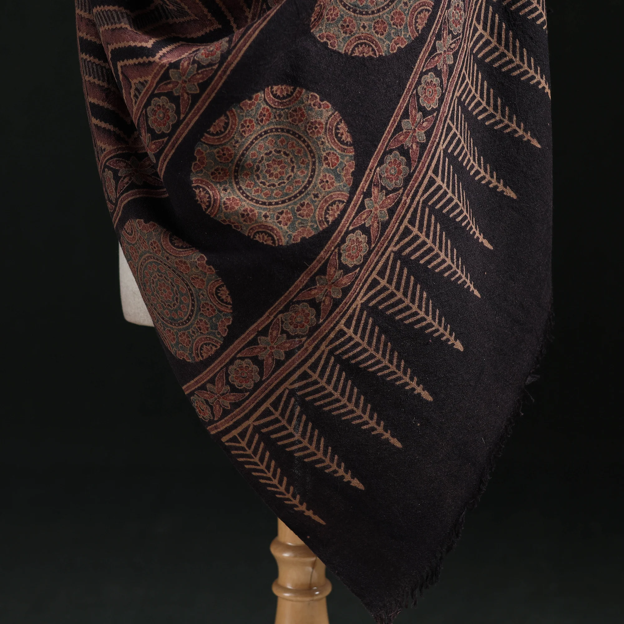 Black - Ajrakh Hand Block Print Natural Dyed Handwoven Acrylic Wool Shawl 06 - Image 4