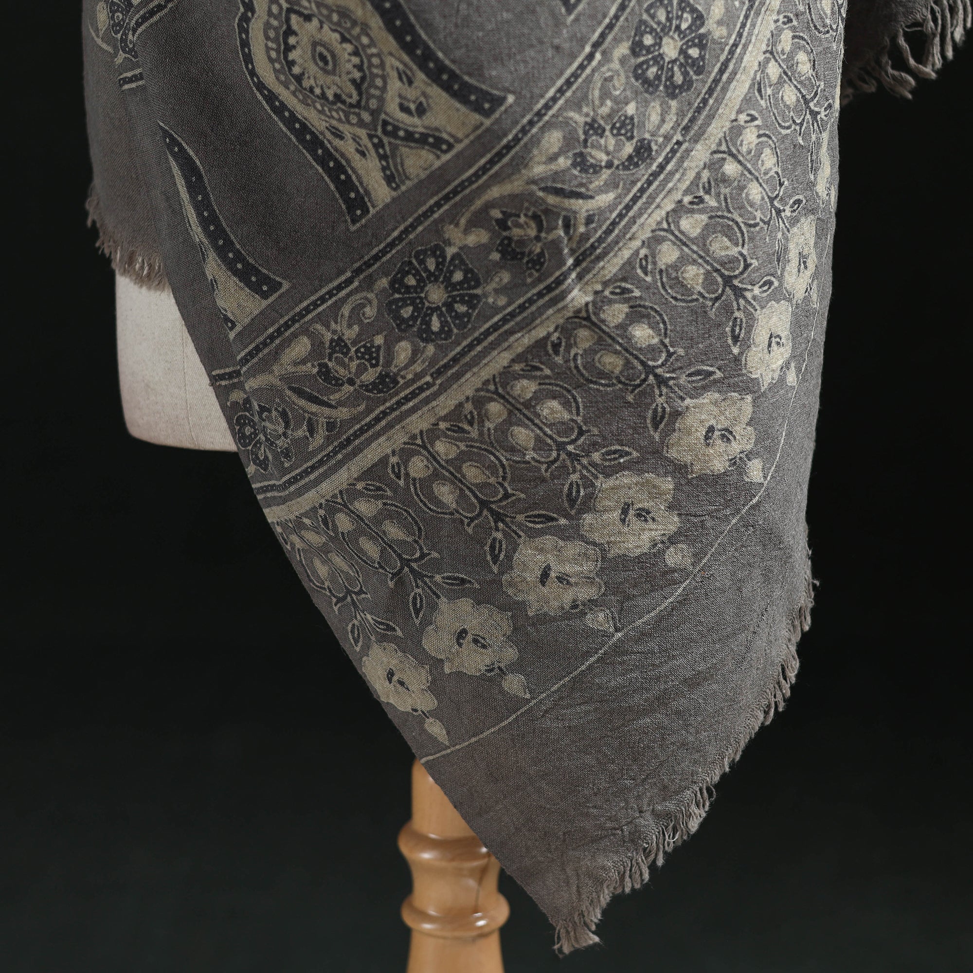 Grey - Ajrakh Hand Block Print Natural Dyed Handwoven Acrylic Wool Shawl 22 - Image 4