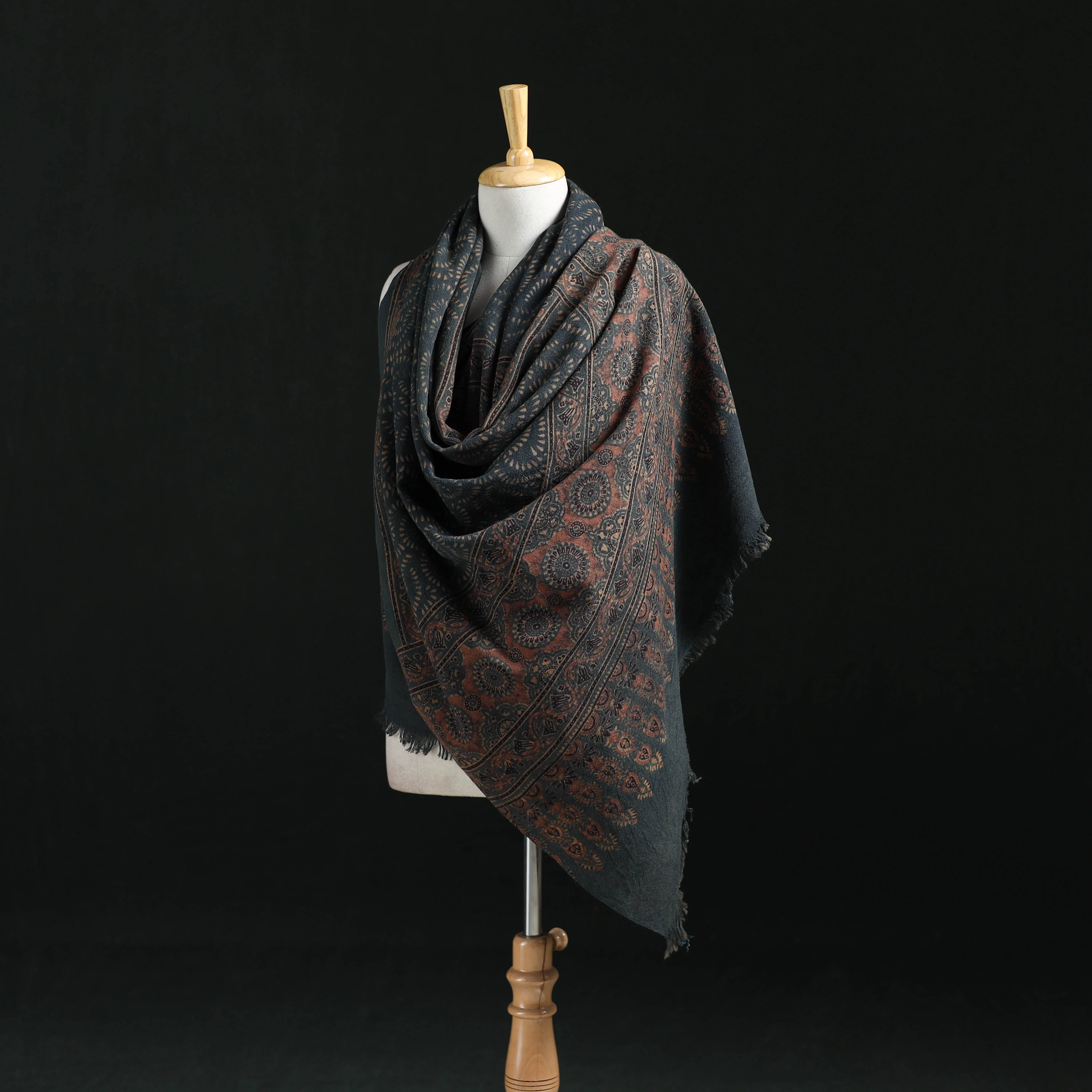 Black - Ajrakh Hand Block Print Natural Dyed Handwoven Acrylic Wool Shawl 26