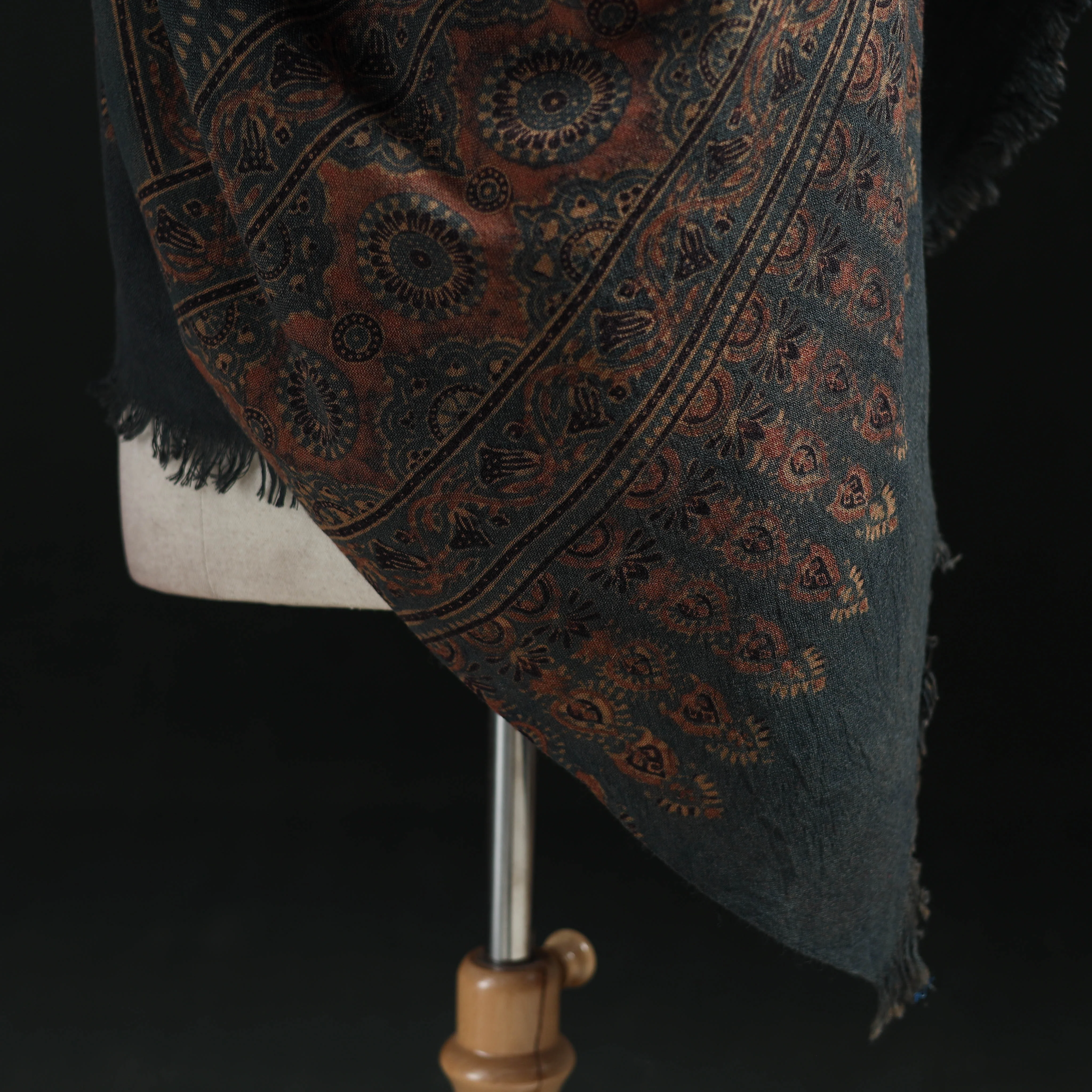 Black - Ajrakh Hand Block Print Natural Dyed Handwoven Acrylic Wool Shawl 26 - Image 4