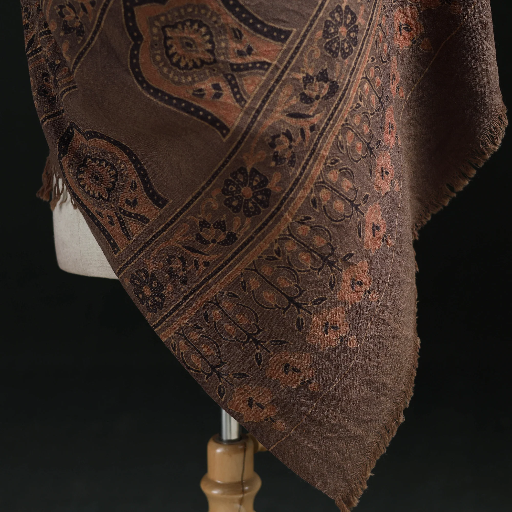 Brown - Ajrakh Hand Block Print Natural Dyed Handwoven Acrylic Wool Shawl 27 - Image 4