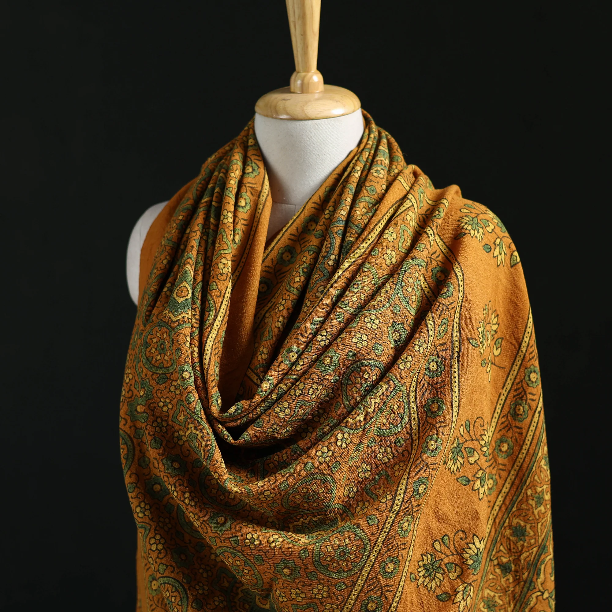 Yellow - Ajrakh Hand Block Print Natural Dyed Handwoven Acrylic Wool Shawl 32 - Image 2