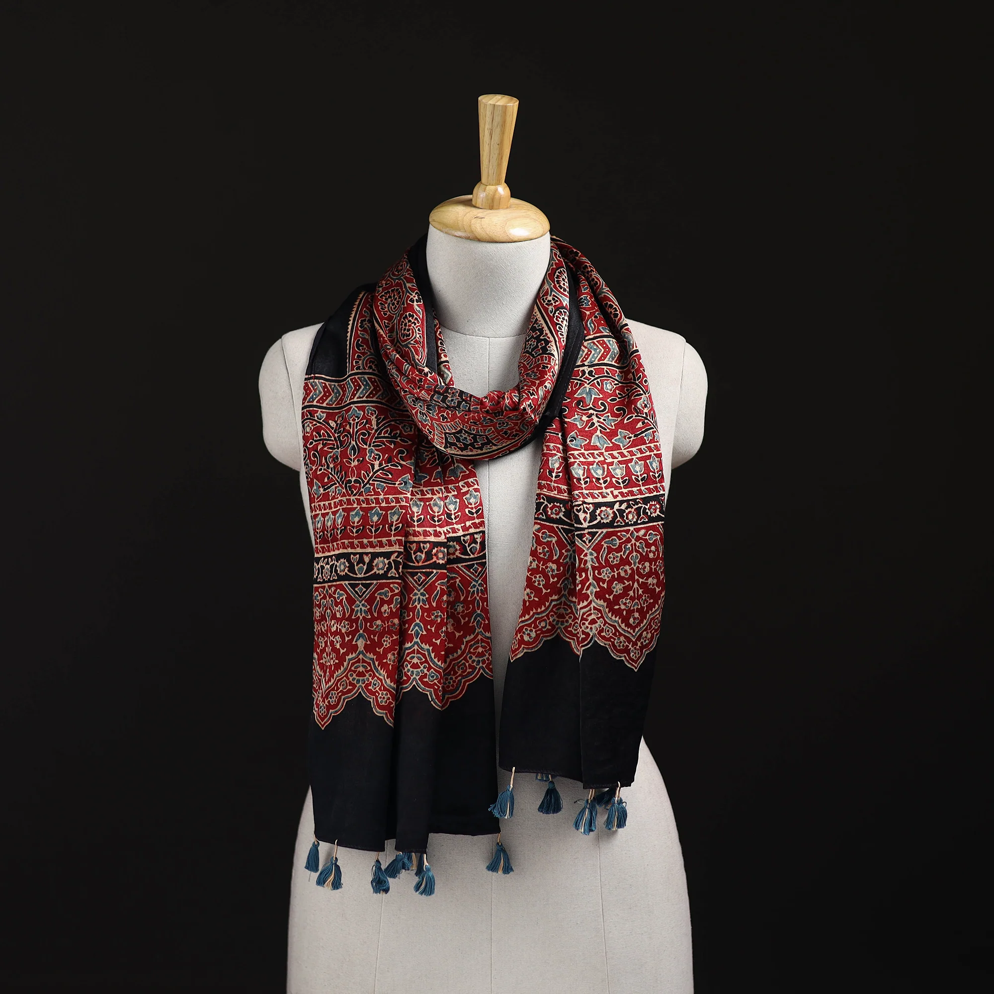 Red - Ajrakh Hand Block Print Natural Dyed Mashru Silk Stole 01