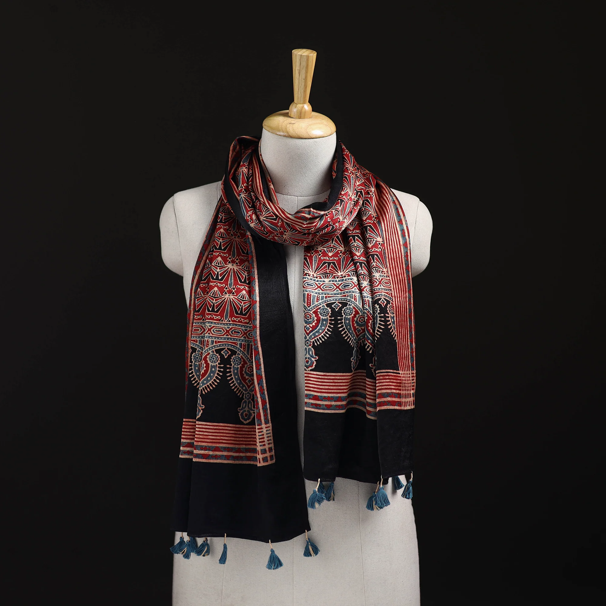 Red - Ajrakh Hand Block Print Natural Dyed Mashru Silk Stole 03
