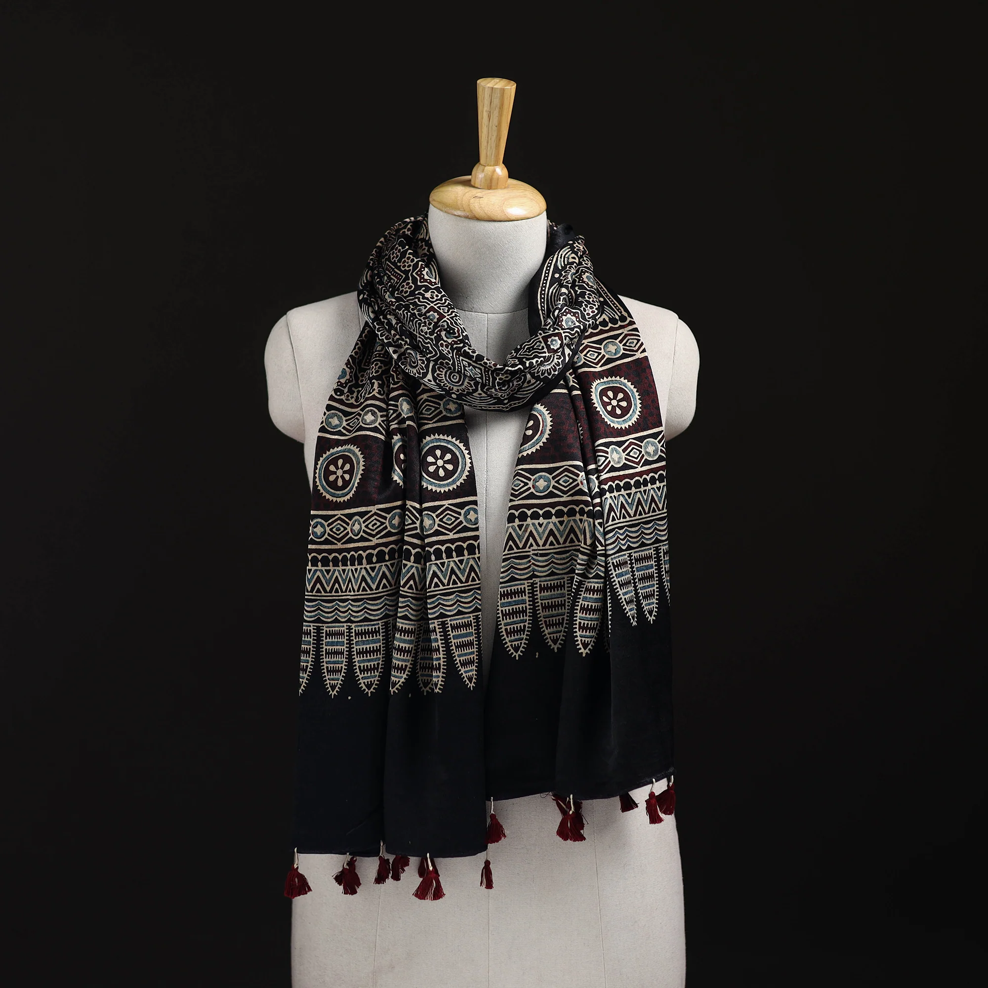 Black - Ajrakh Hand Block Print Natural Dyed Mashru Silk Stole 05