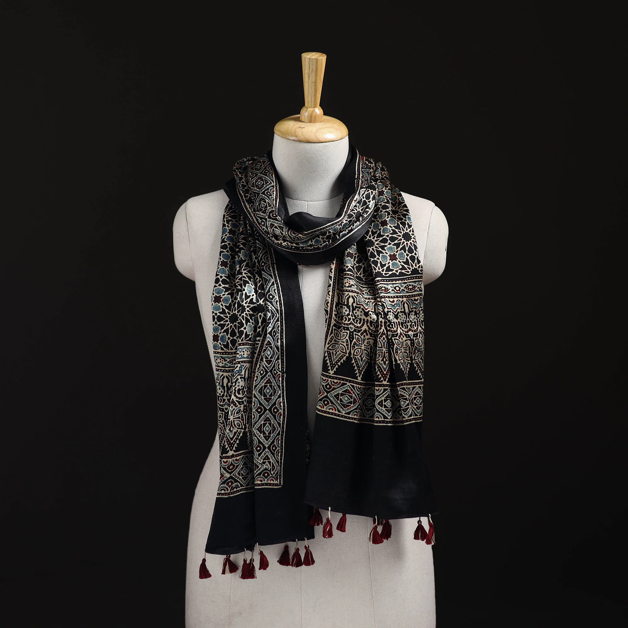 Black - Ajrakh Hand Block Print Natural Dyed Mashru Silk Stole 06