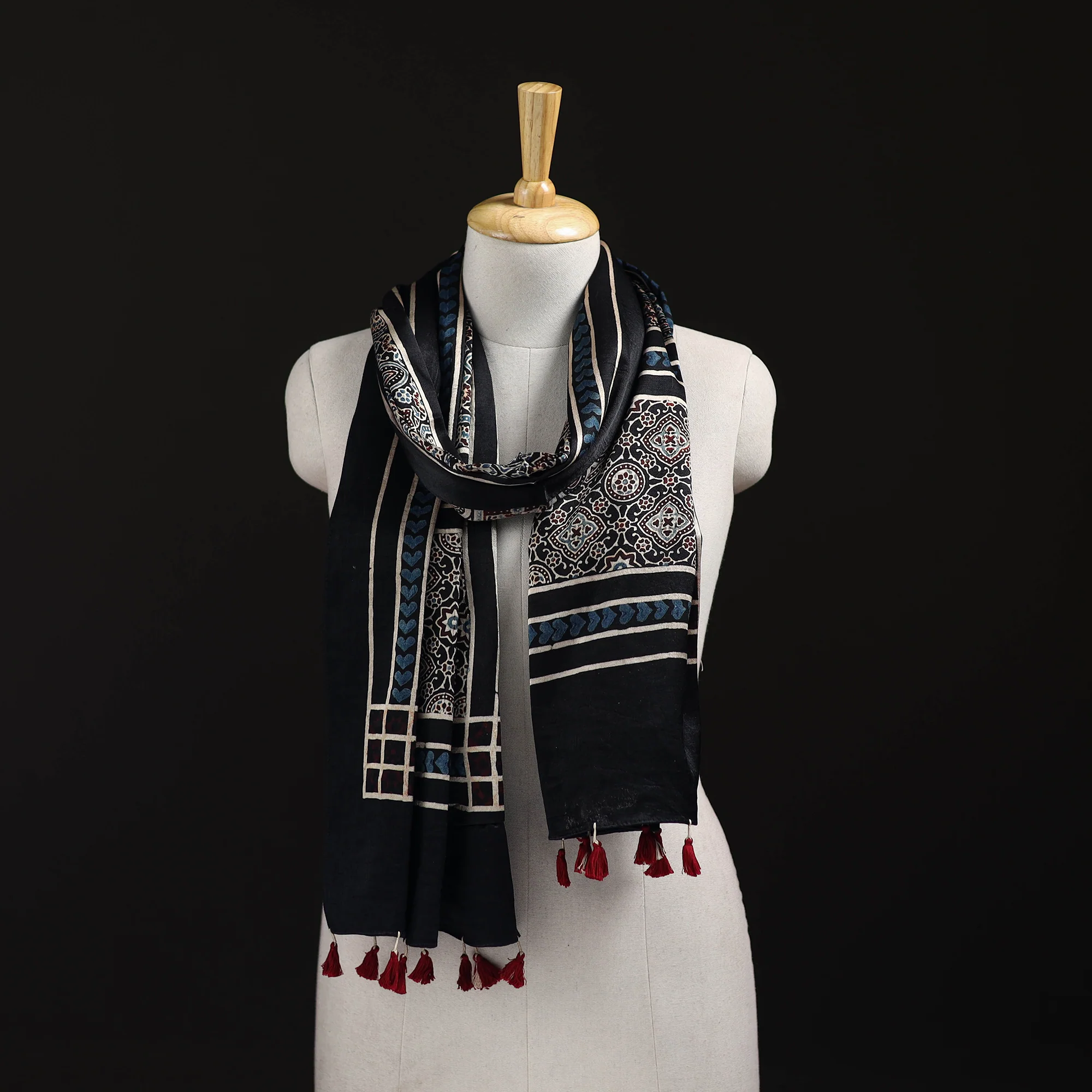 Black - Ajrakh Hand Block Print Natural Dyed Mashru Silk Stole 16