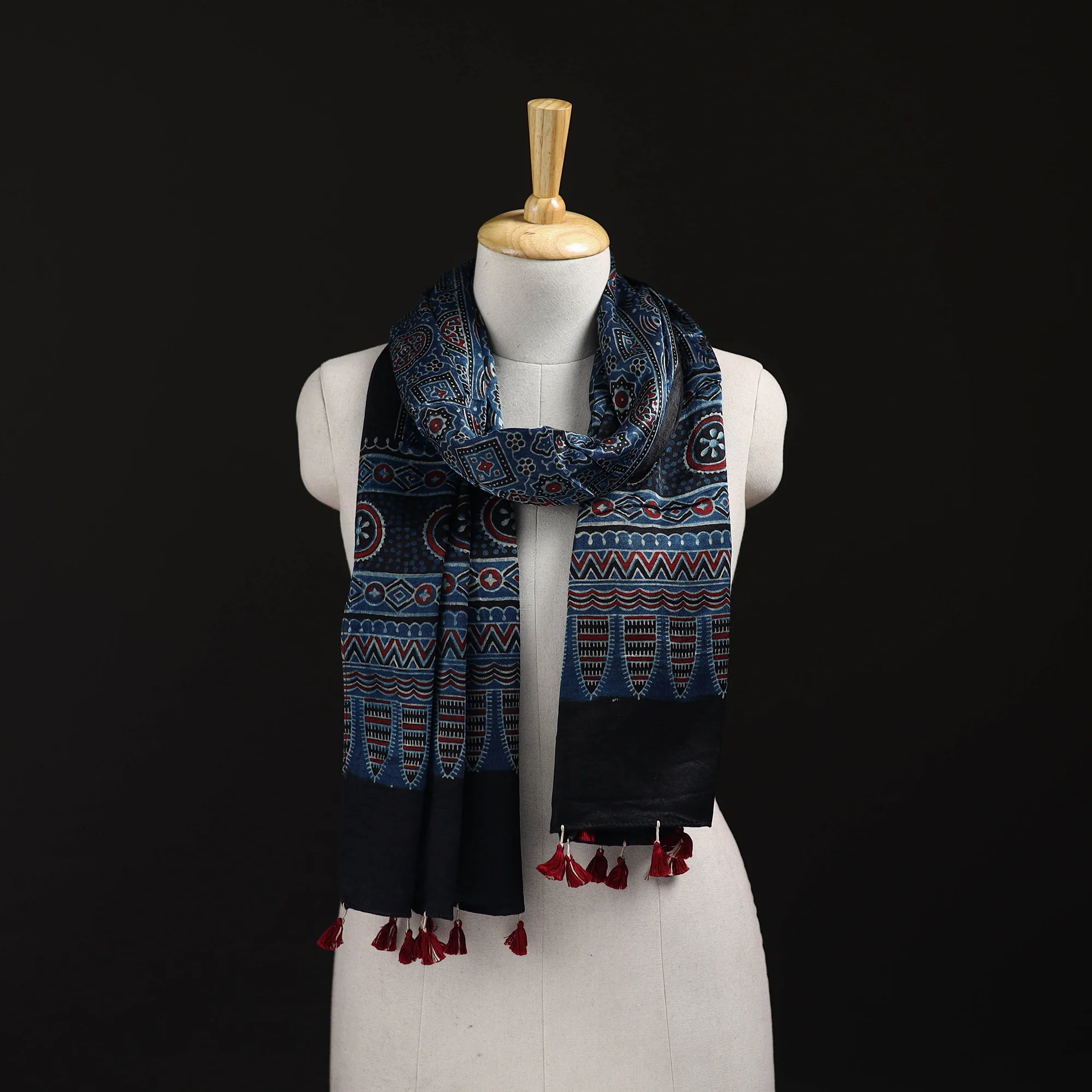 Black - Ajrakh Hand Block Print Natural Dyed Mashru Silk Stole 19