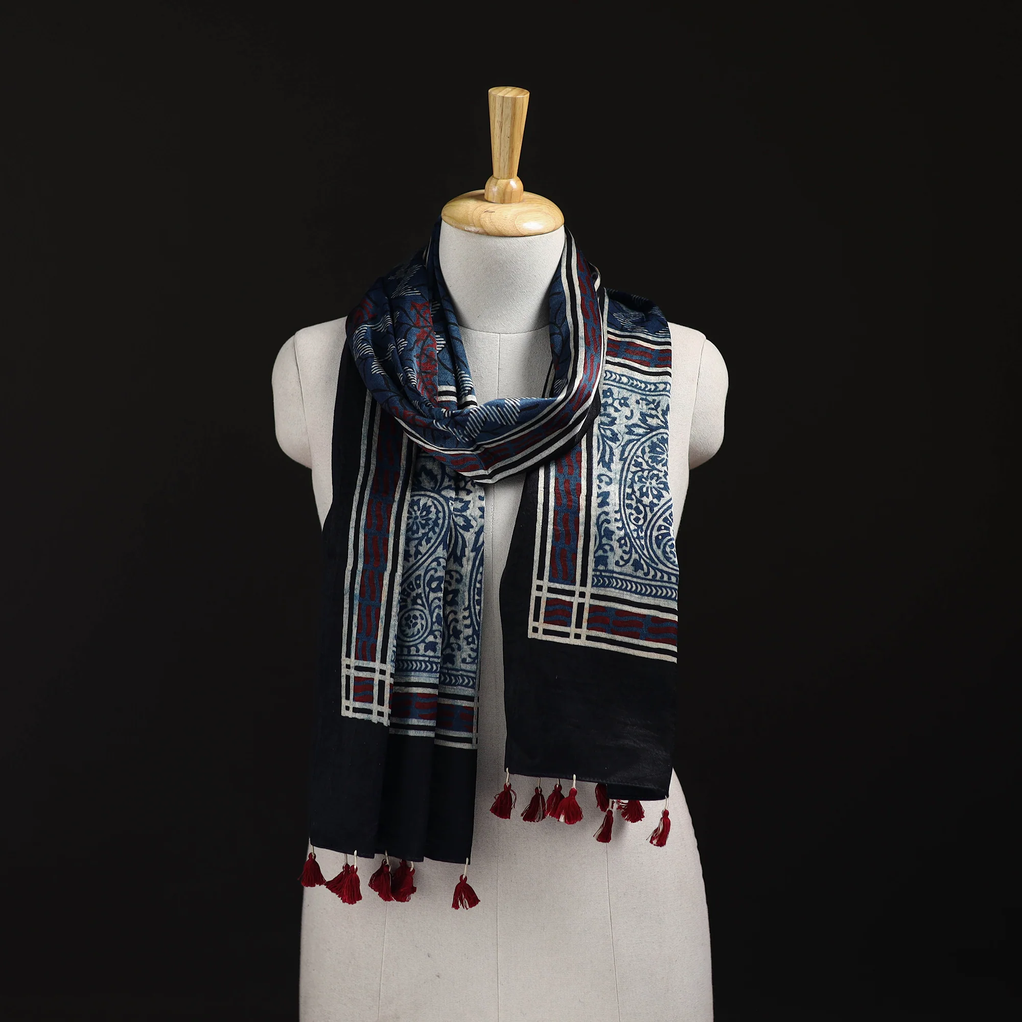 Multicolor - Ajrakh Hand Block Print Natural Dyed Mashru Silk Stole 29