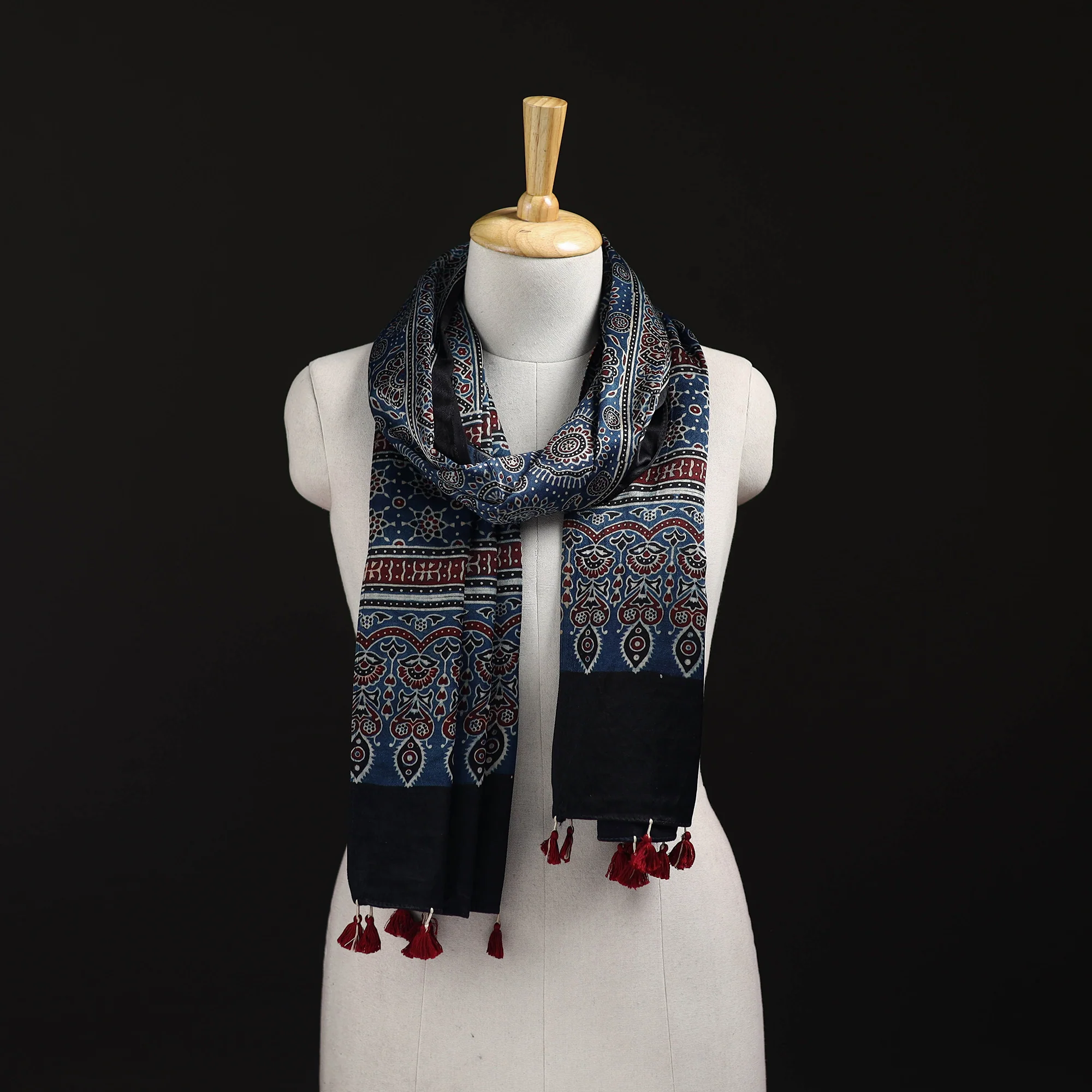Multicolor - Ajrakh Hand Block Print Natural Dyed Mashru Silk Stole 31