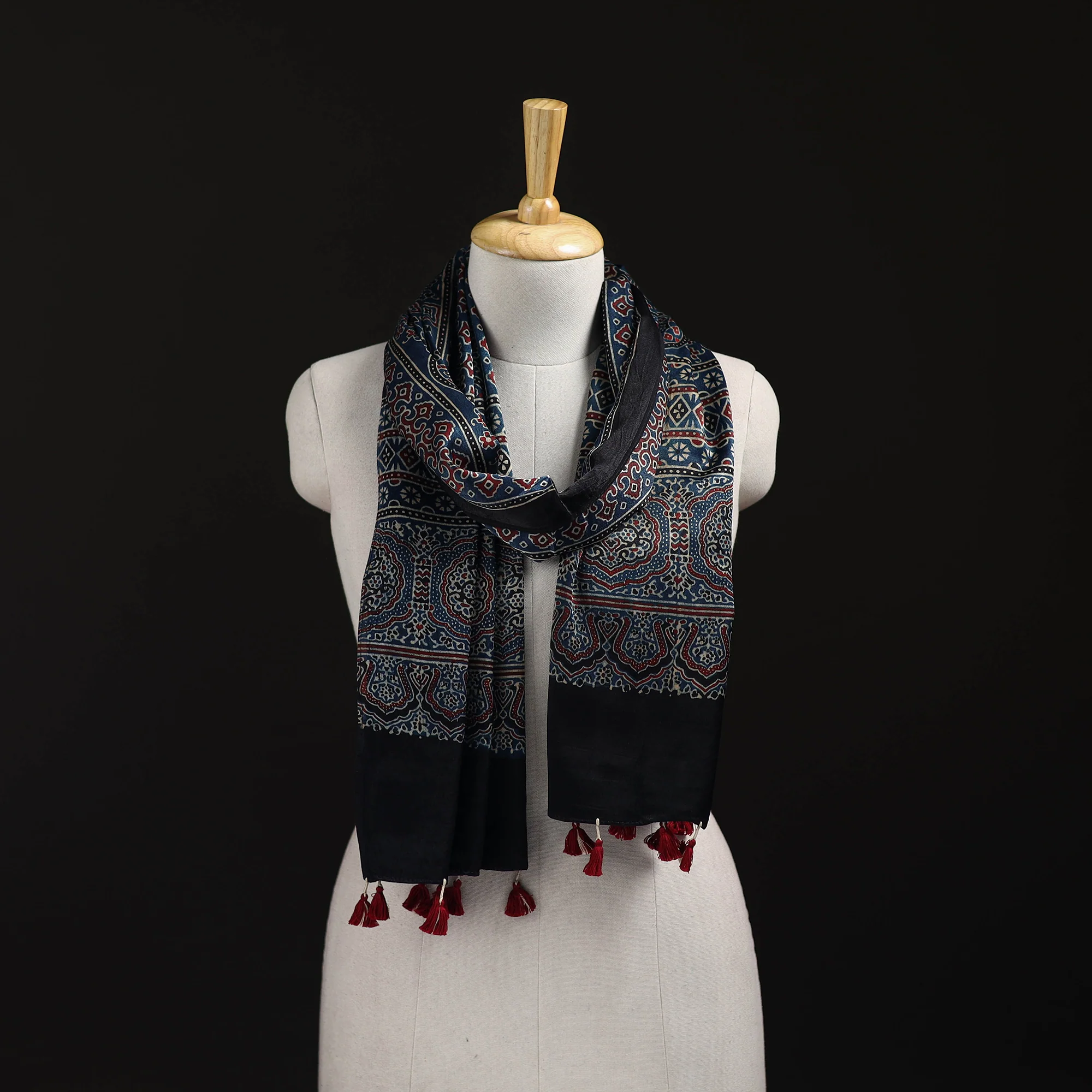 Black - Ajrakh Hand Block Print Natural Dyed Mashru Silk Stole 35