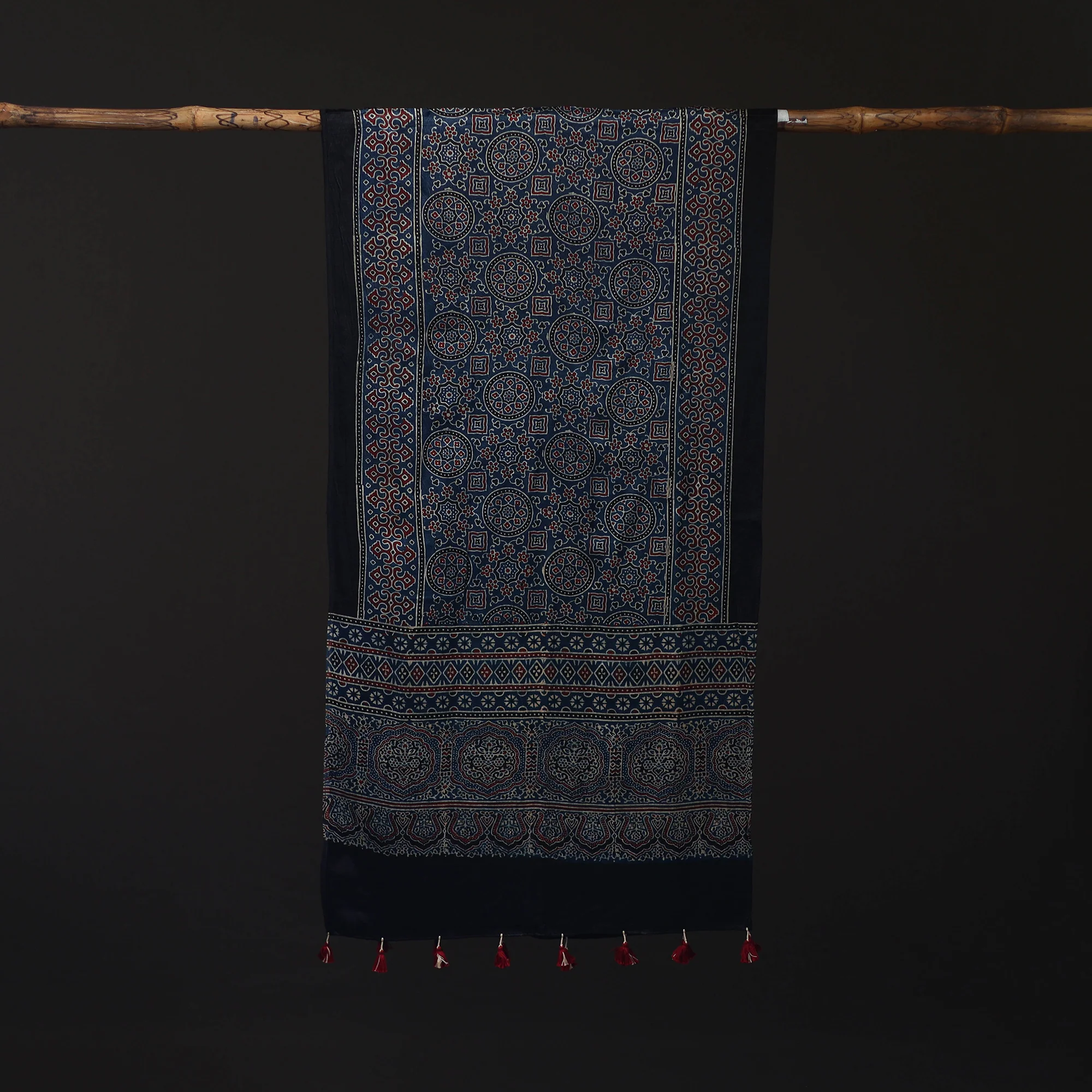 Black - Ajrakh Hand Block Print Natural Dyed Mashru Silk Stole 35 - Image 3