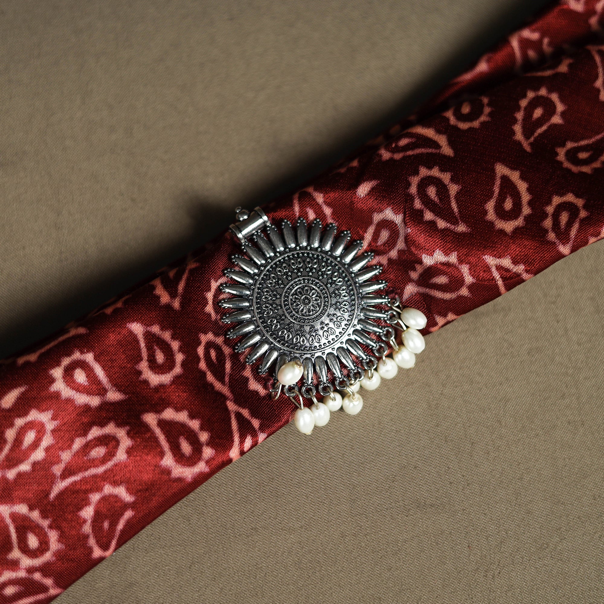 Ajrakh Hand Block Print Natural Dyed Modal Silk Brooch Scarf 09 - Image 3