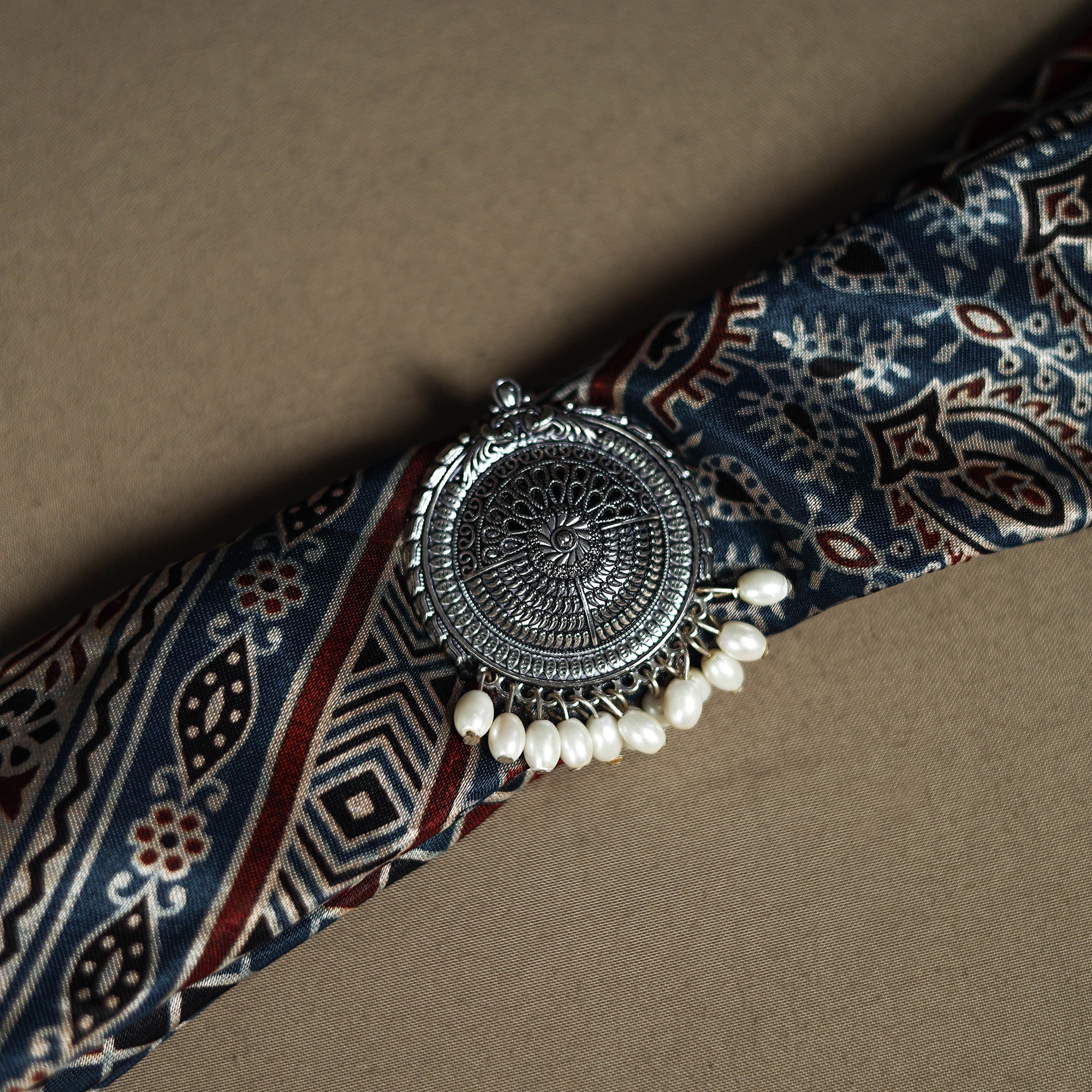 Ajrakh Hand Block Print Natural Dyed Modal Silk Brooch Scarf 15 - Image 3