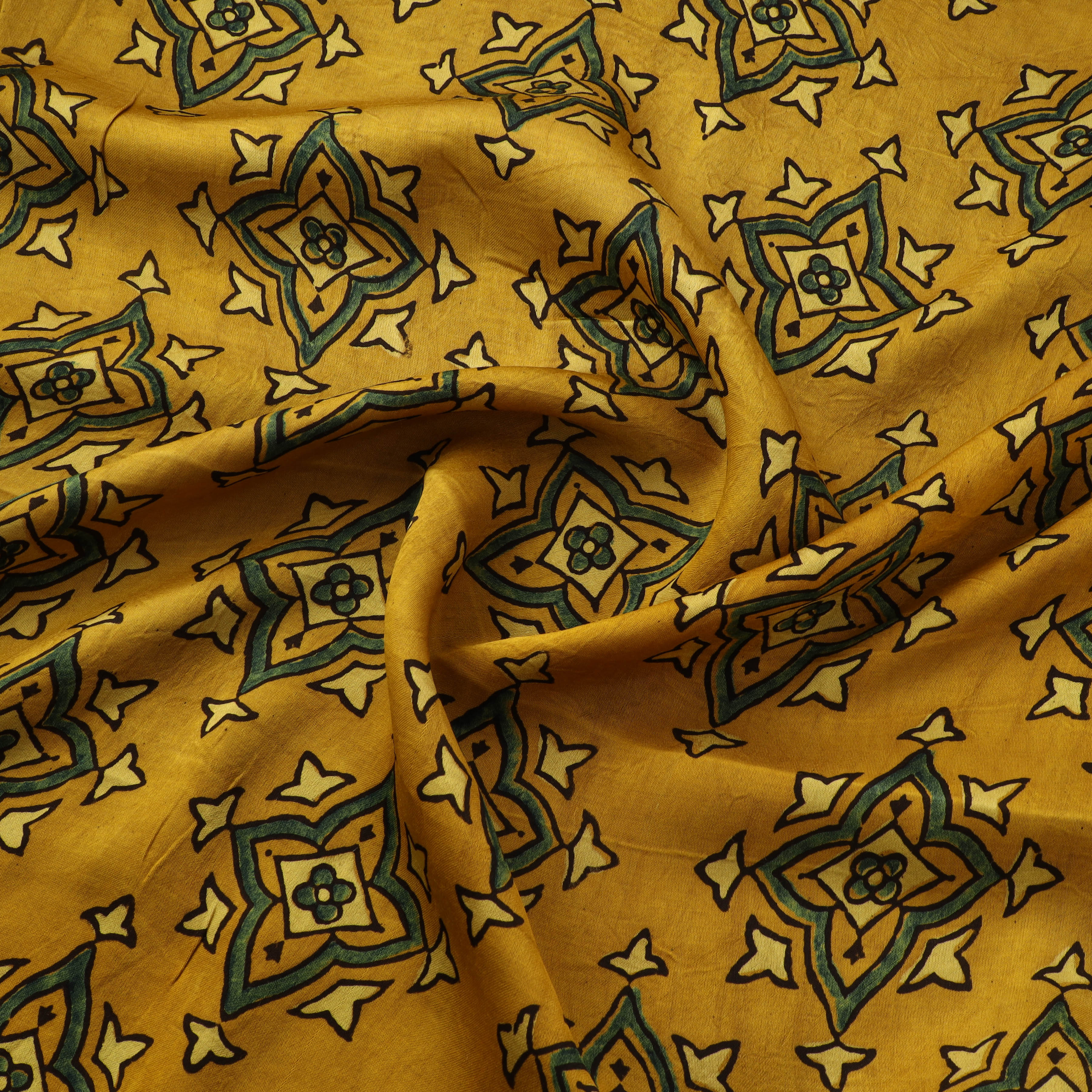 Yellow - Ajrakh Hand Block Print Natural Dyed Modal Silk Fabric 03 - Image 3