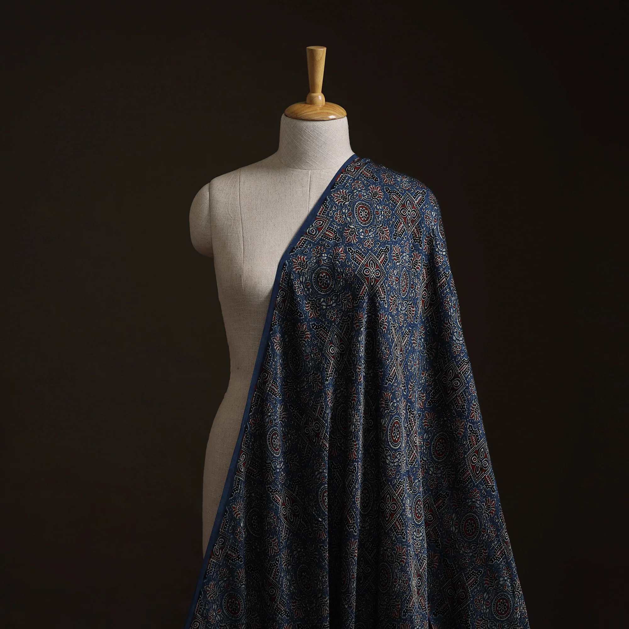 Blue - Ajrakh Hand Block Print Natural Dyed Modal Silk Fabric 09