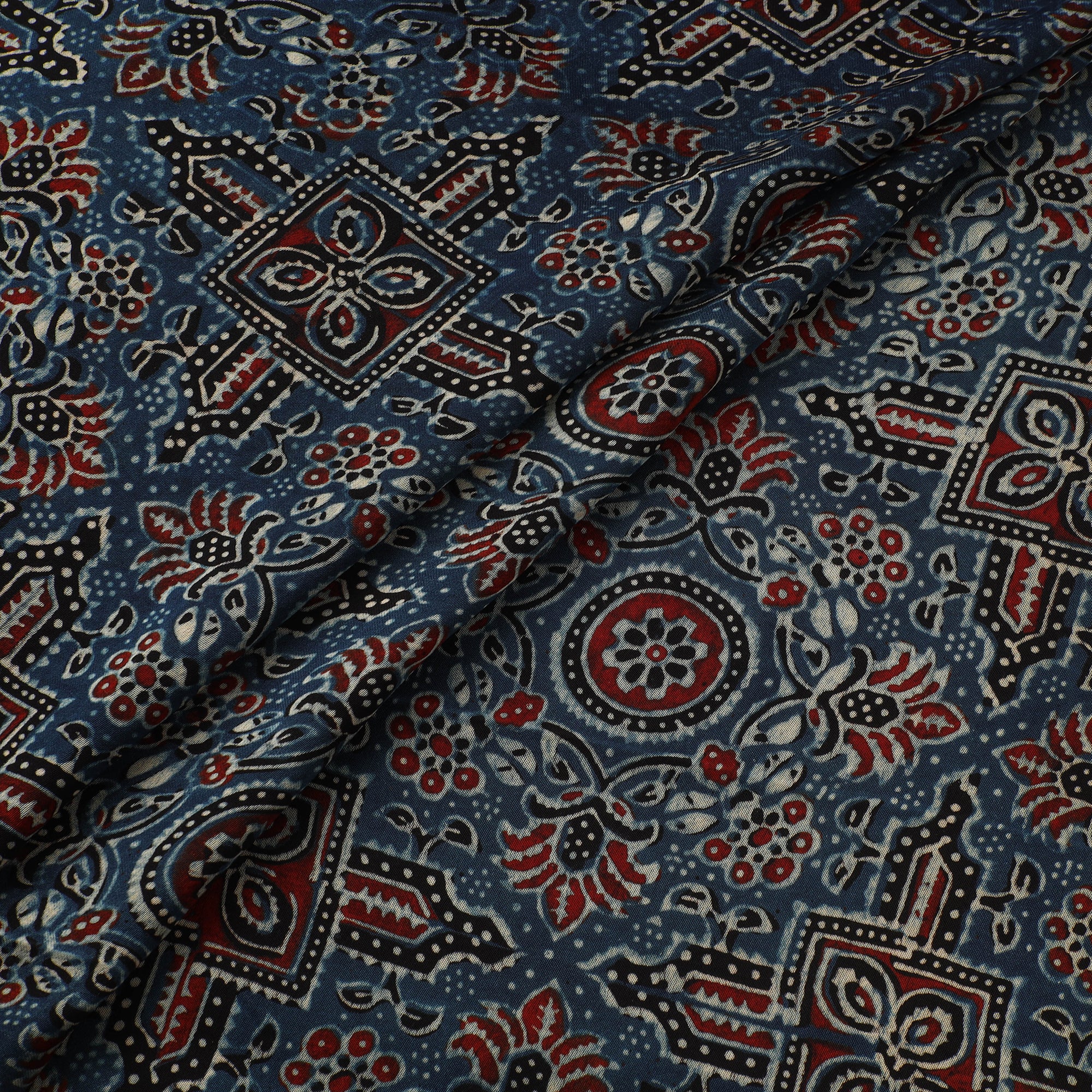 Blue - Ajrakh Hand Block Print Natural Dyed Modal Silk Fabric 09 - Image 2