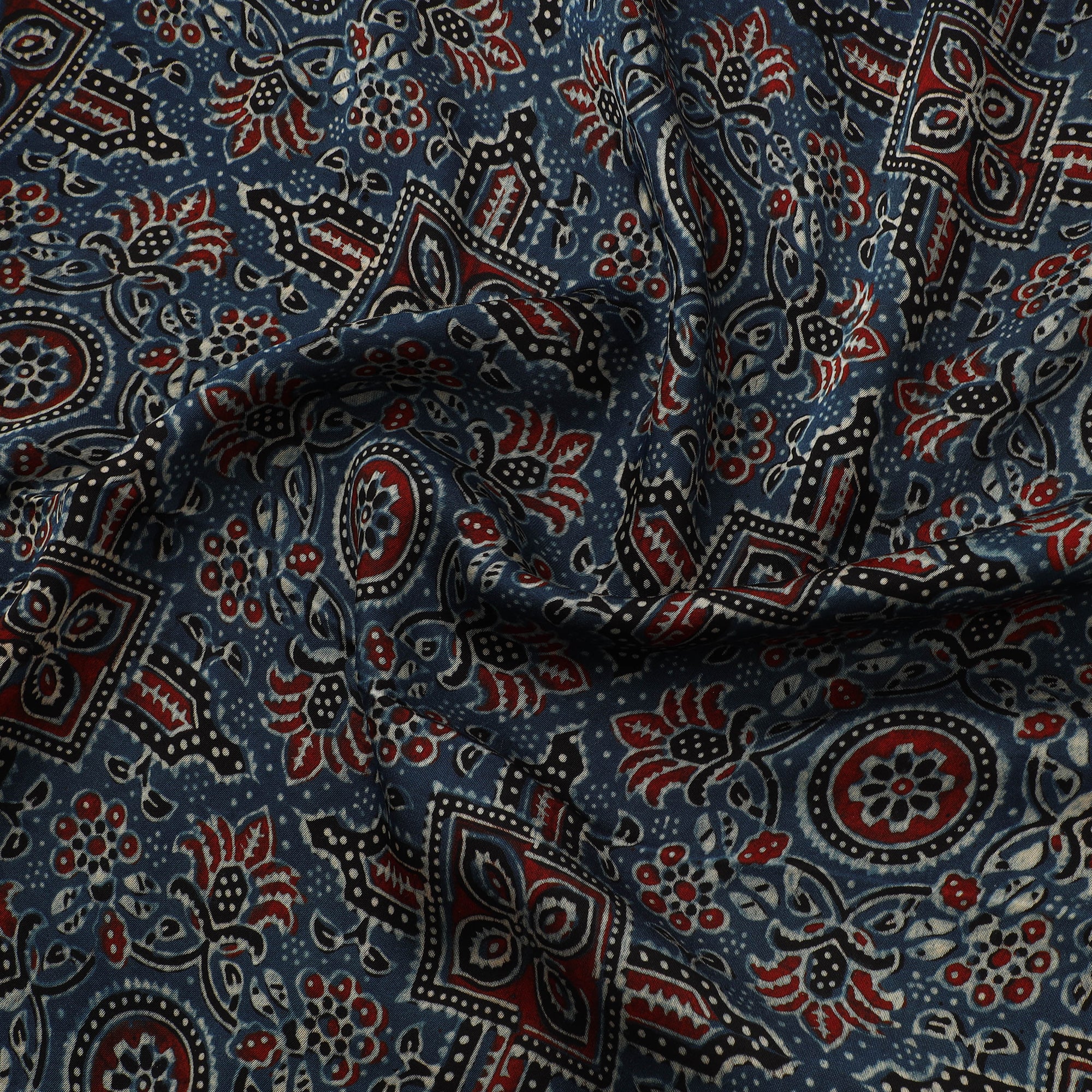 Blue - Ajrakh Hand Block Print Natural Dyed Modal Silk Fabric 09 - Image 3