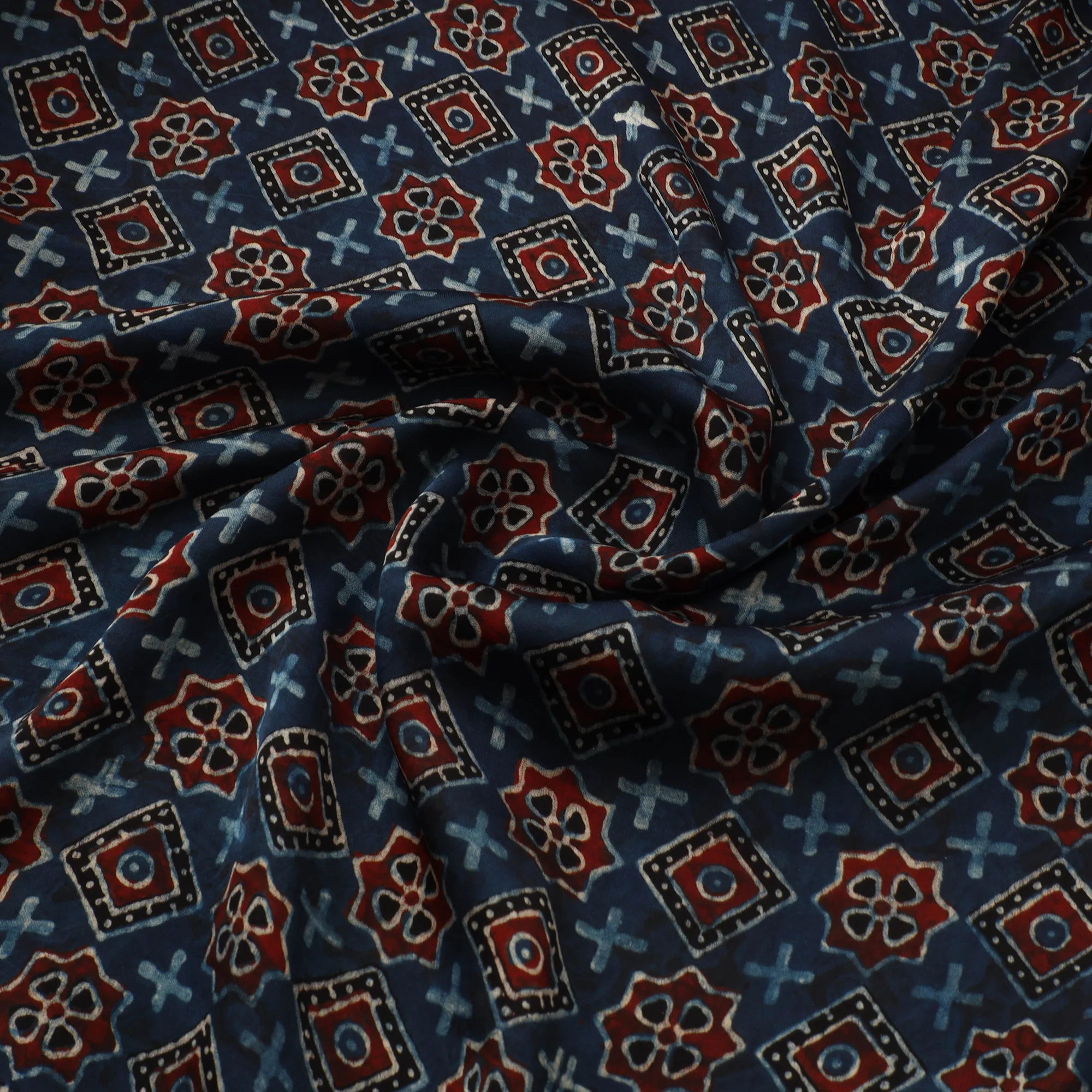 Blue - Ajrakh Hand Block Print Natural Dyed Modal Silk Fabric 29 - Image 3
