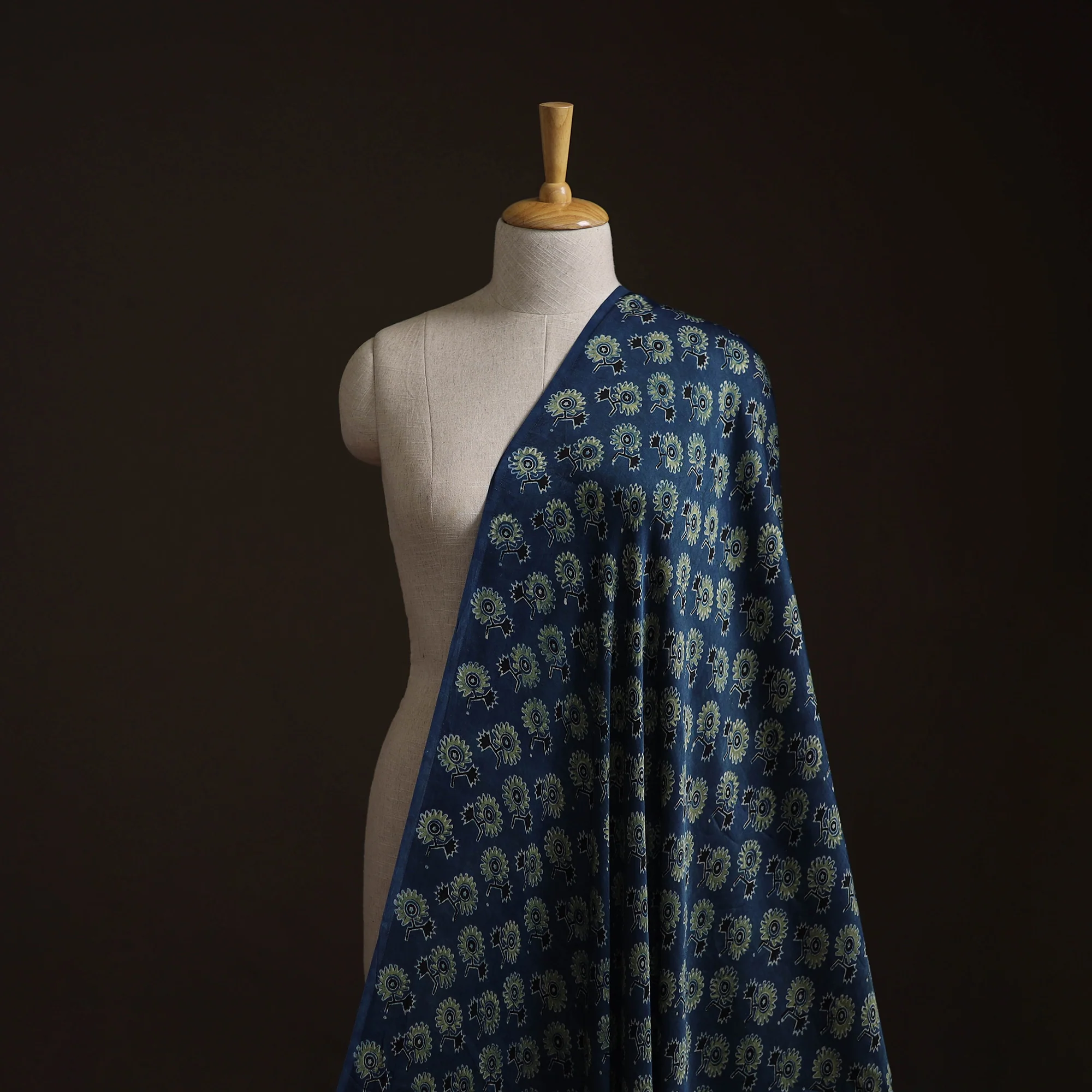 Blue - Ajrakh Hand Block Print Natural Dyed Modal Silk Fabric 38