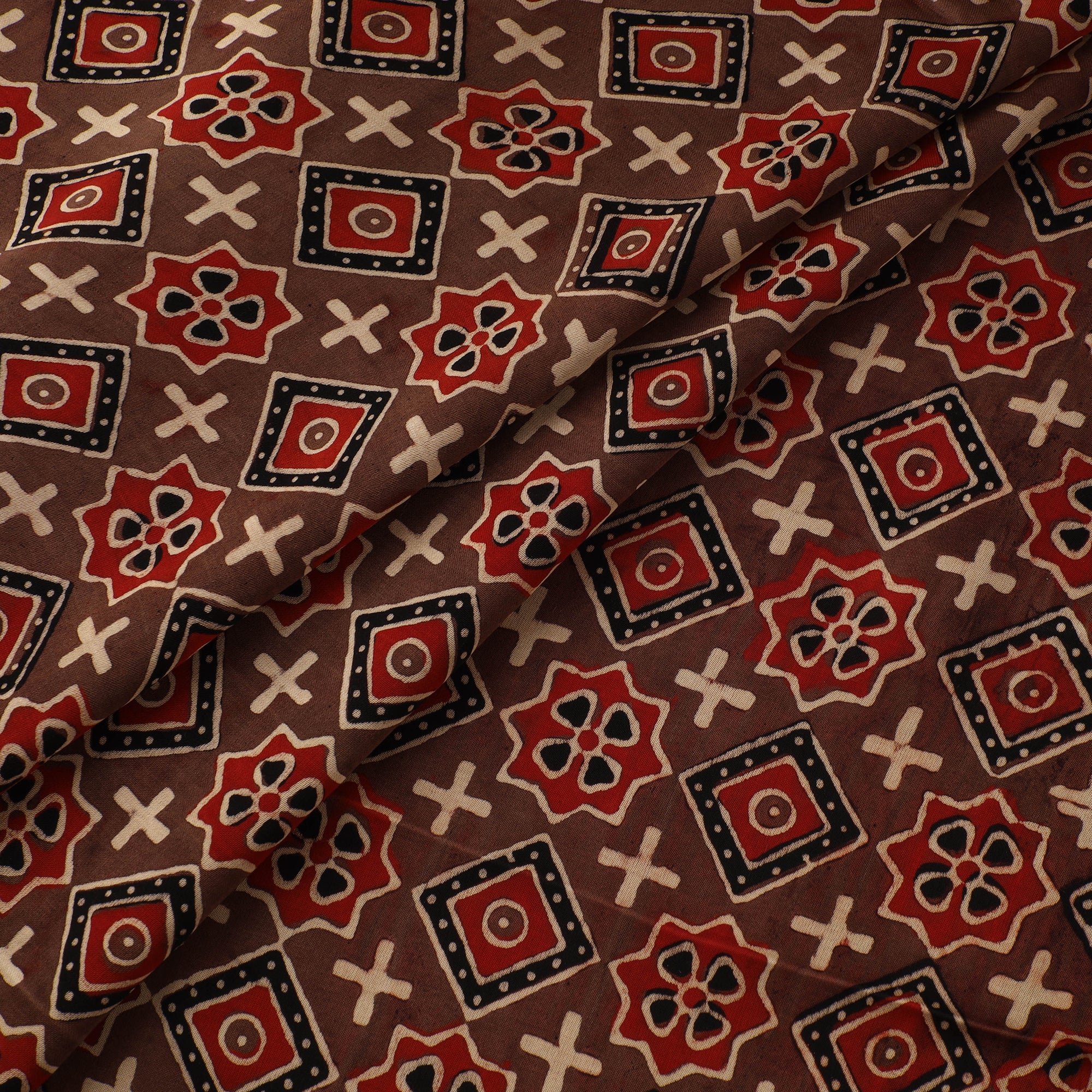 Brown - Ajrakh Hand Block Print Natural Dyed Modal Silk Fabric 44 - Image 2