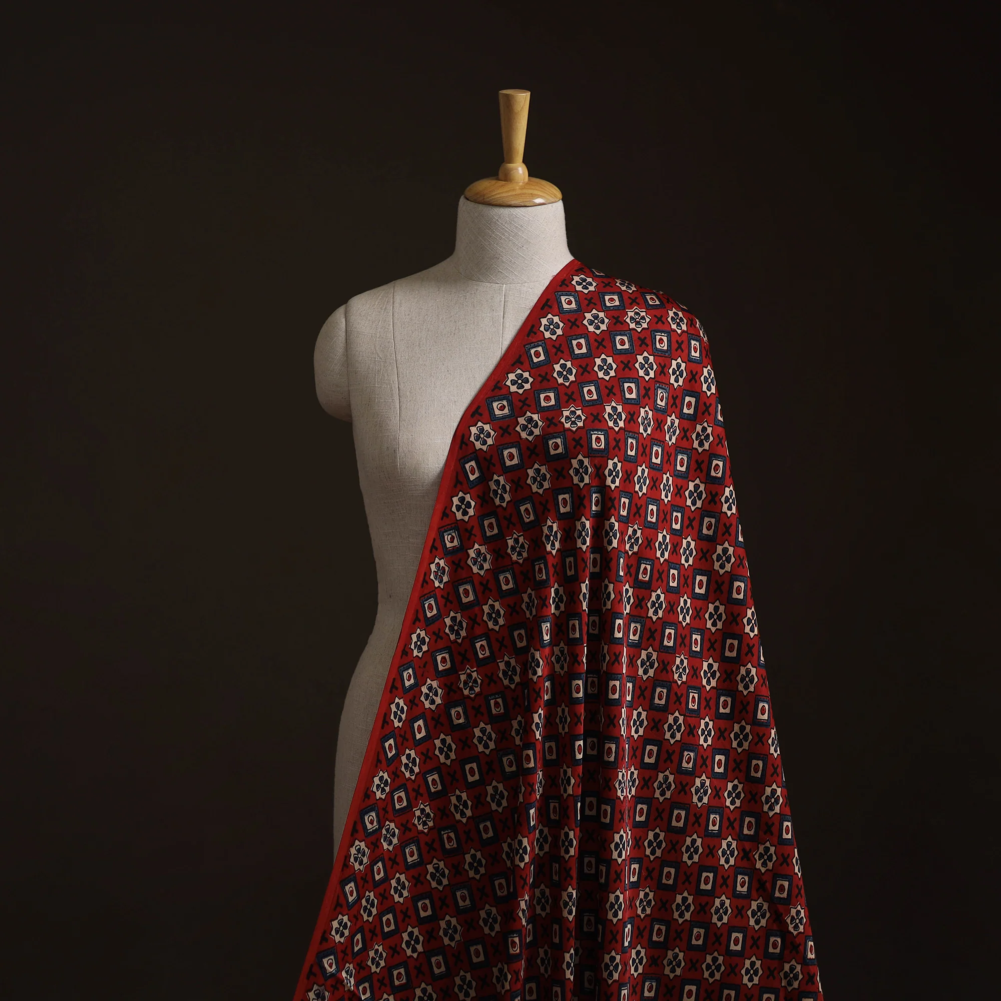 Red - Ajrakh Hand Block Print Natural Dyed Modal Silk Fabric 46