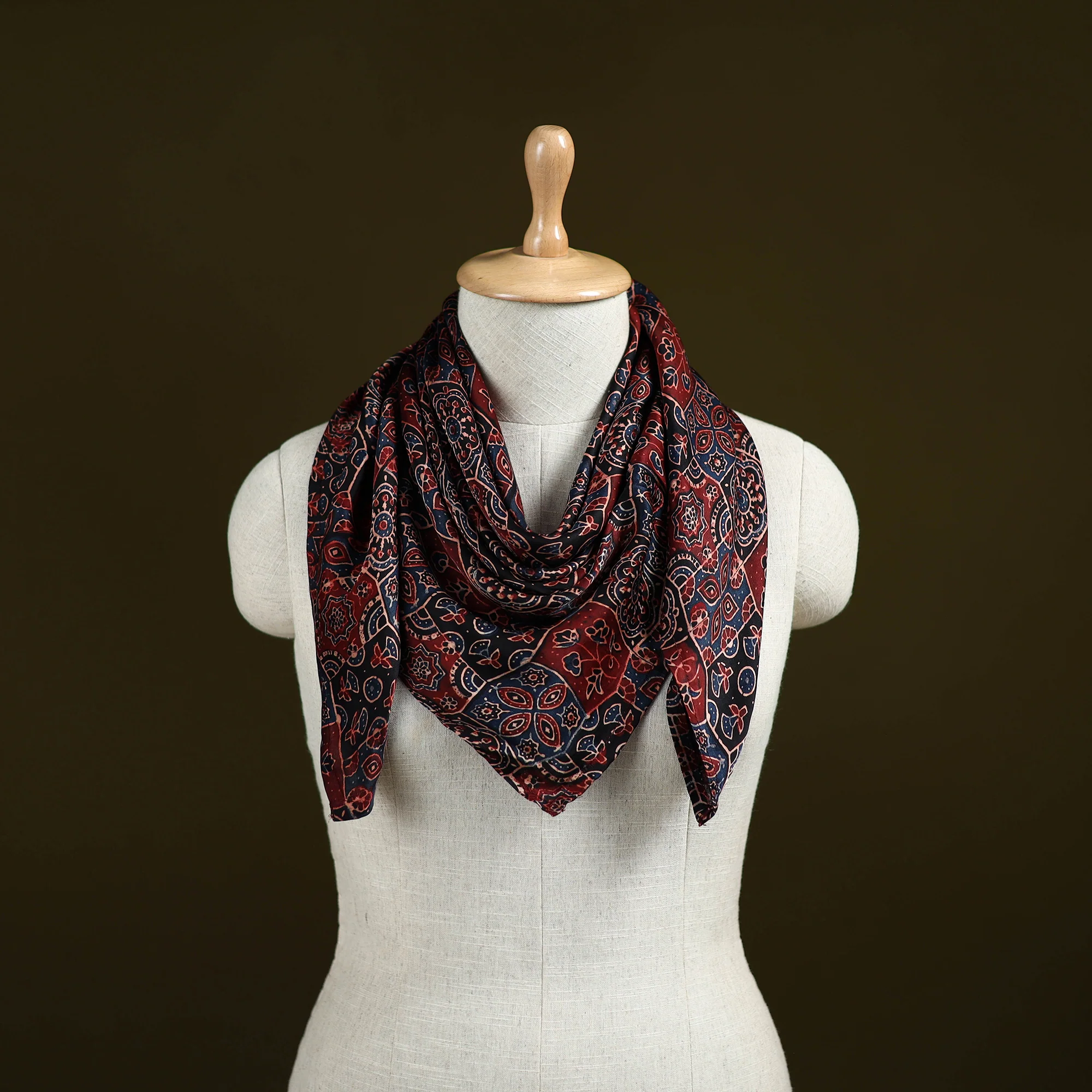 Red - Ajrakh Hand Block Print Natural Dyed Modal Silk Scarf 33