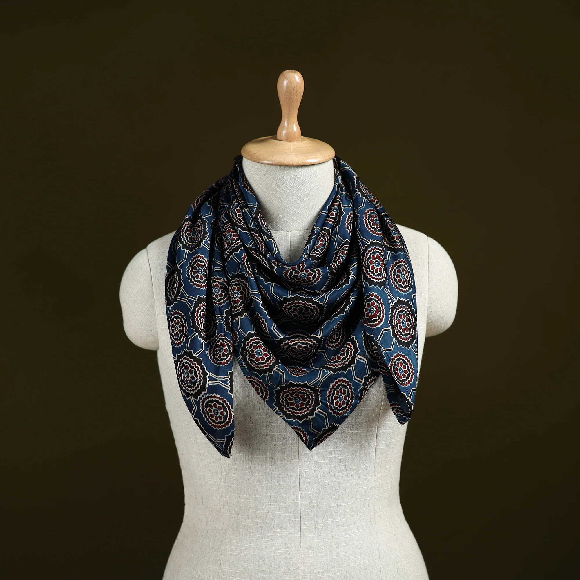 Blue - Ajrakh Hand Block Print Natural Dyed Modal Silk Scarf 46
